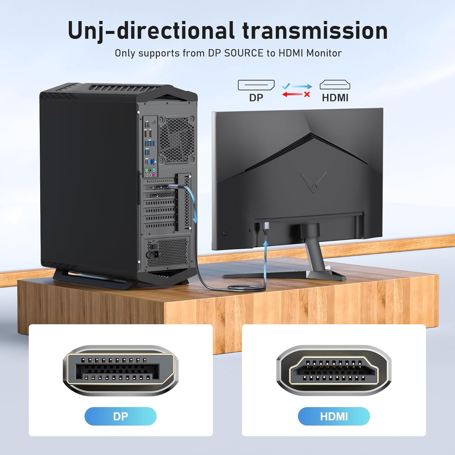 8K DisplayPort to HDMI 2.1 Cable 3.3FT 8K@60Hz 4K@120Hz Uni-Directional DP (Source) to HDMI (Display) Braided Cord DP to HDMI Compatible with PC, Dell, AMD, Lenovo, Monitor, HP