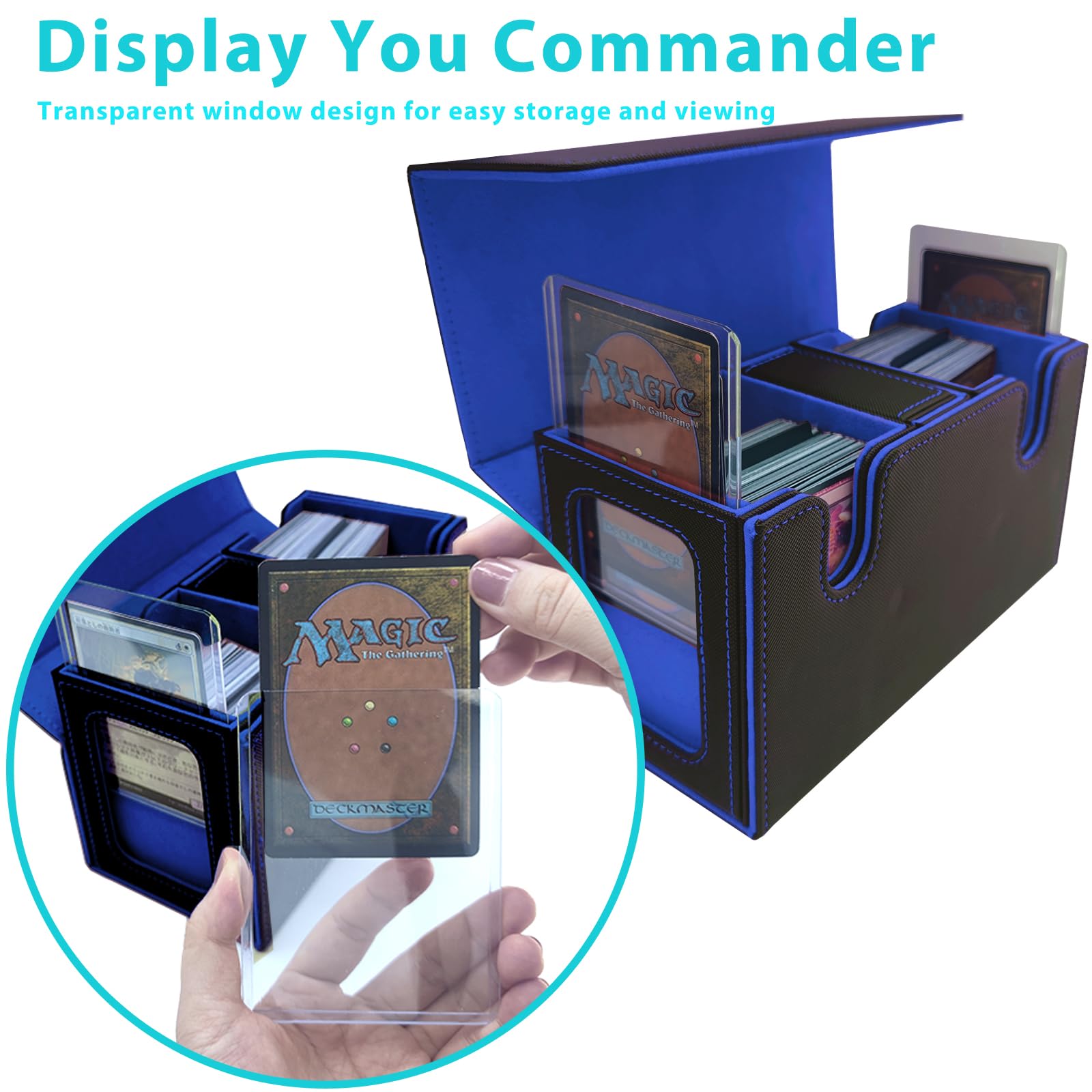Alinwu MTG Commander Card Storage Box - Fits 200 Double Sleeved Cards,3-in-1Card Deck Case,Strong Magnet Card Organizer For Magic Commander TCG CCG,4Dividers &2 Toploaders(Black&Blue)