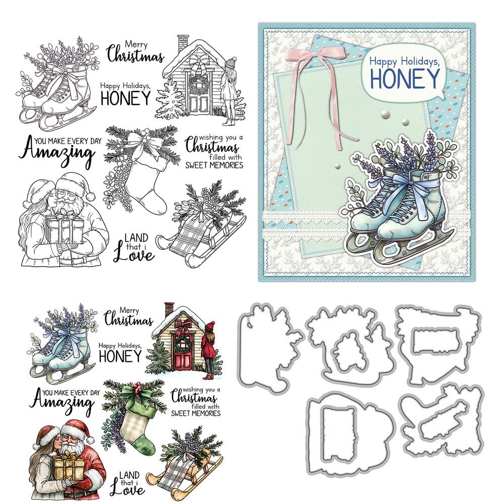Christmas Lover Stamps and Die Cuts for Card Making Christmas Shoes Transparent Silicone Clear Stamp and Metal Cutting Dies Sets for DIY Scrapbooking Paper Crafting Seals Decorative Supplies