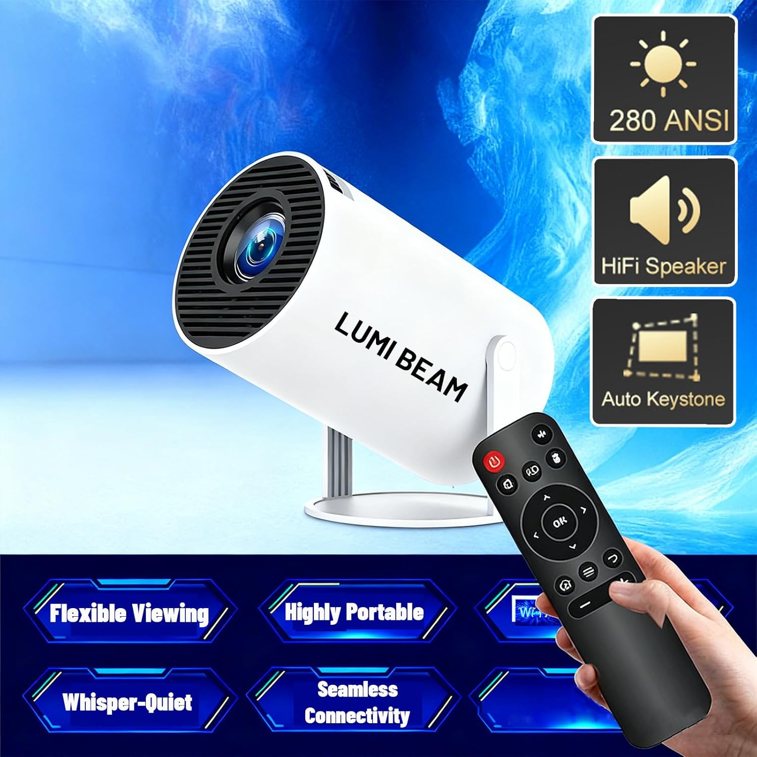 Projector, Lumi Beam Portable Projector, Mini Wall Movie Projector for Bedroom, Pocket-Sized 180° Rotation, Auto Keystone, Window Scenes & Large-Screen Viewing (1 pcs)