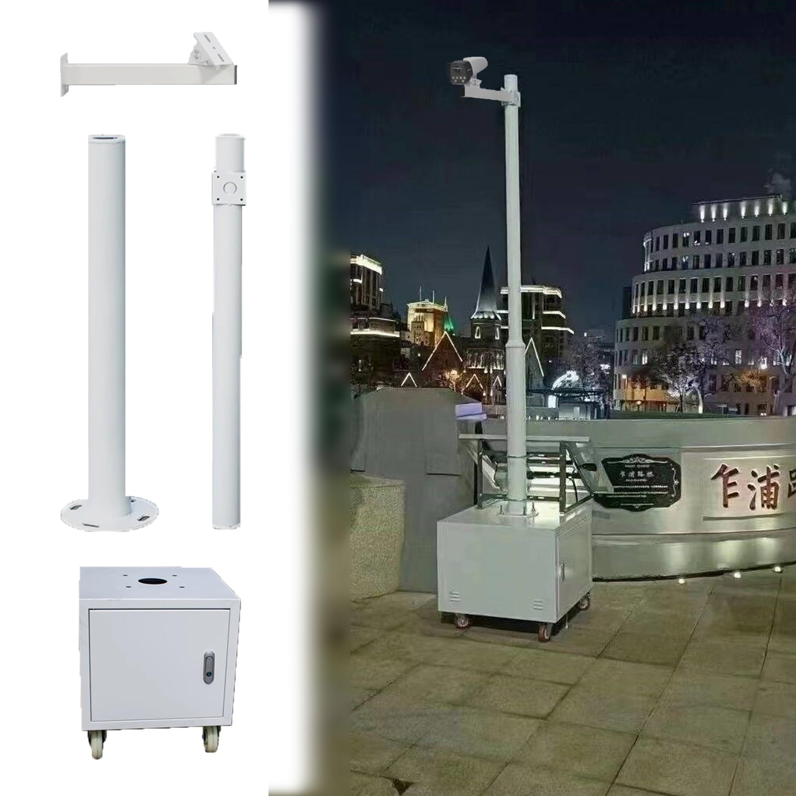 Palo Telecamera Palo di Sorveglianza Angolare per Esterni, Palo per Telecamera di Sicurezza con Ruote e Base Portaoggetti, Staffa di Sorveglianza Alta 2.7 m(Single Gun)