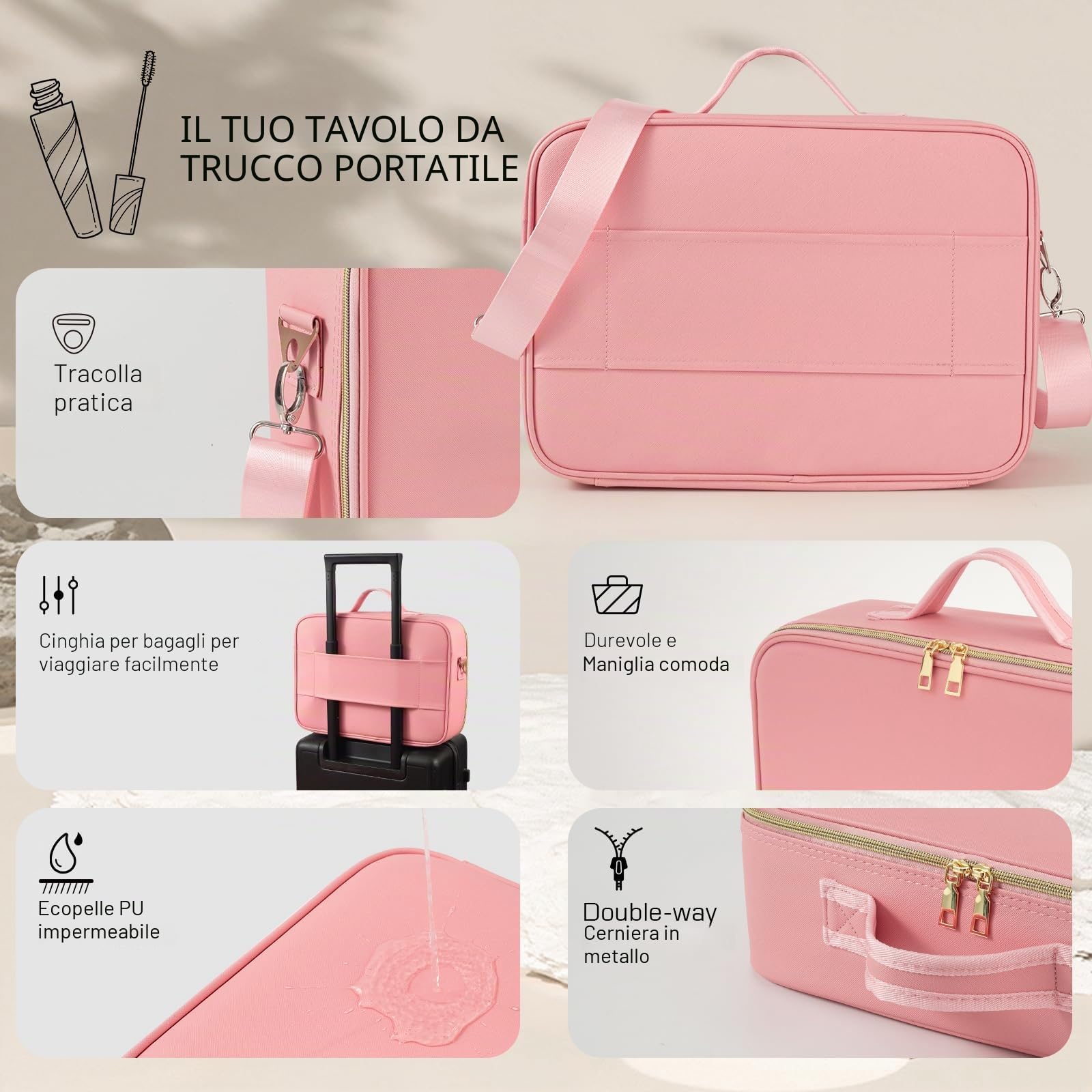 38x28CM Borsa per il trucco con specchio LED rimovibile, custodia da viaggio per il trucco con 3 luci dimmerabili colorate, custodia cosmetica di grande capacità con divisori rimovibili e tracolla