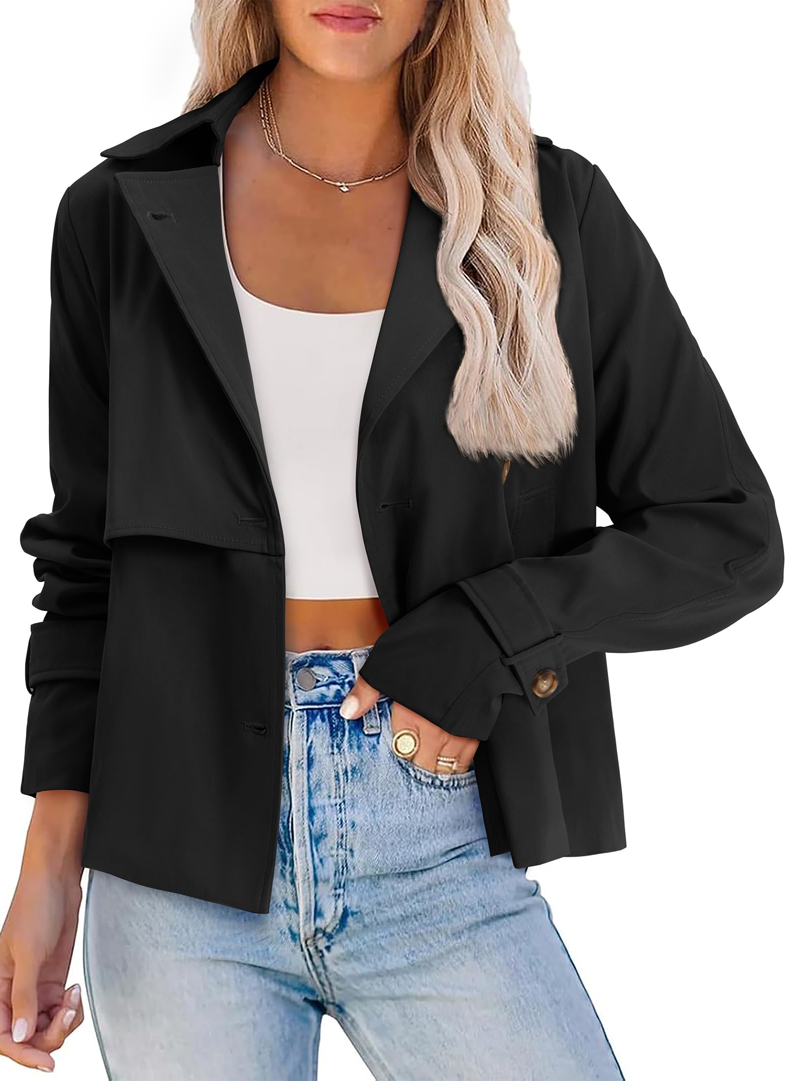 AGSEEM Womens Cropped Trench Coat Casual Single Breasted Lapel Short Jackets Fall Fashion Outerwear with Pockets 2025