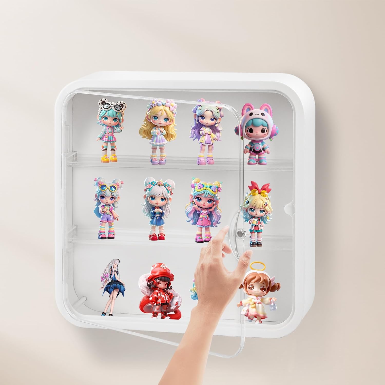 Display Case for Figures, Wall-Mounted Clear Dustproof Display Box with Magnetic Door and Shelf, Adjustable Doll Display Case for Collectibles Figurines Sonny Angels Pop Mart Mini Figures (White)