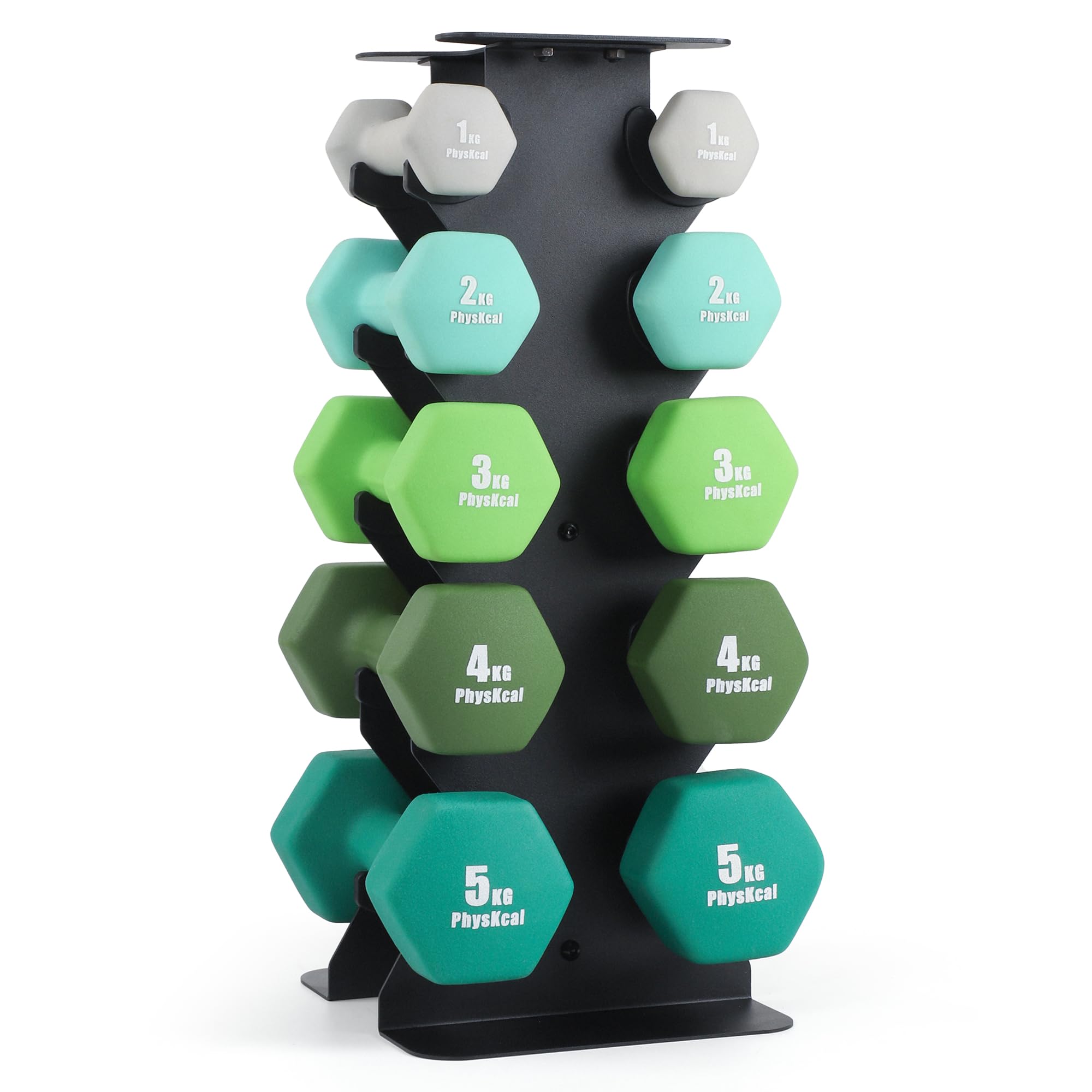 PhysKcal 30kg Dumbbells Set of 5 Pairs, 1kg, 2kg, 3kg, 4kg, 5kg Dumbbells Weights Set with Steel Rack, Hand Weights with Storage Rack