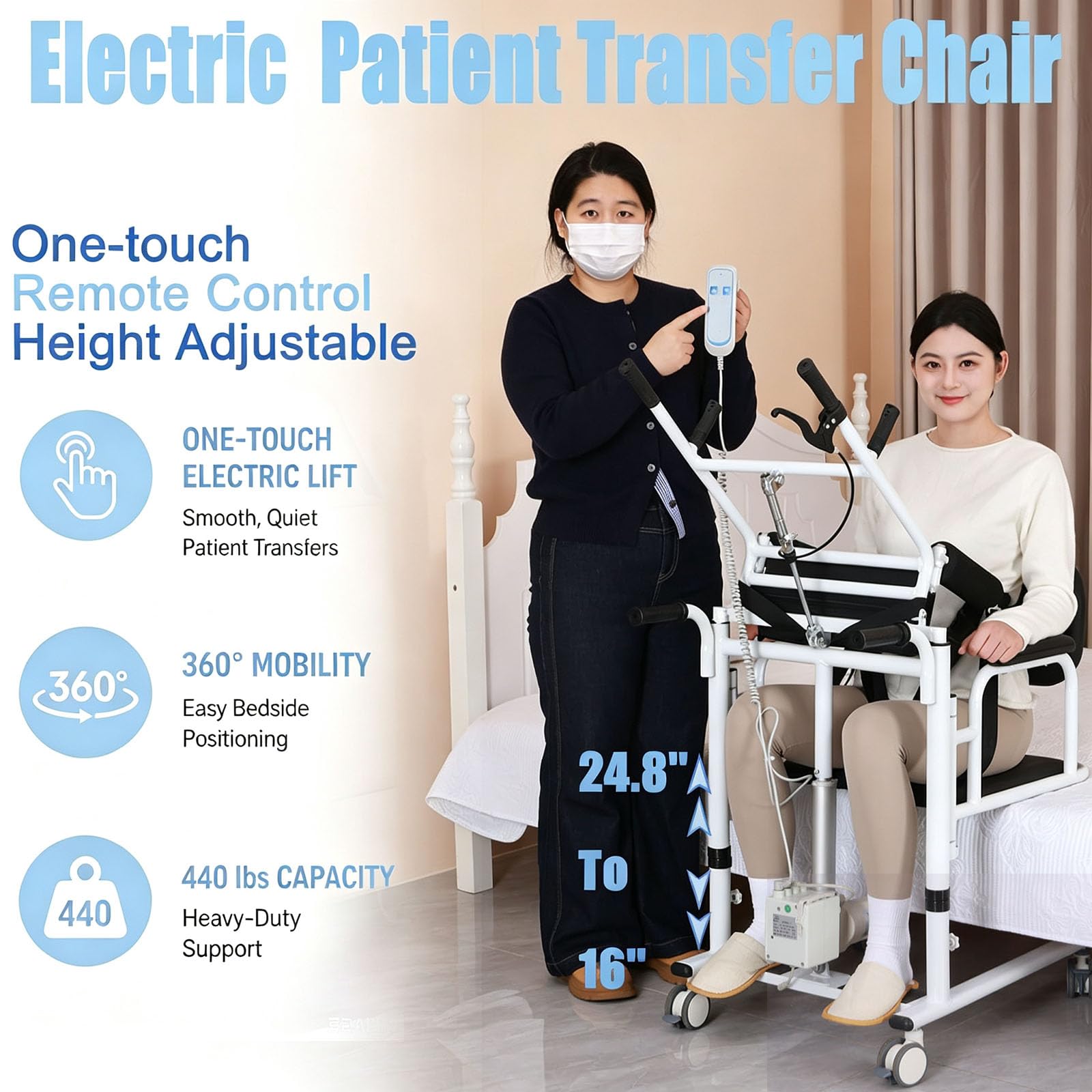 Silla Eléctrica De Transferencia para Pacientes, Apertura De 180°, con Control Remoto, para Personas Mayores Y Discapacitadas, Altura Regulable, 200 Kg
