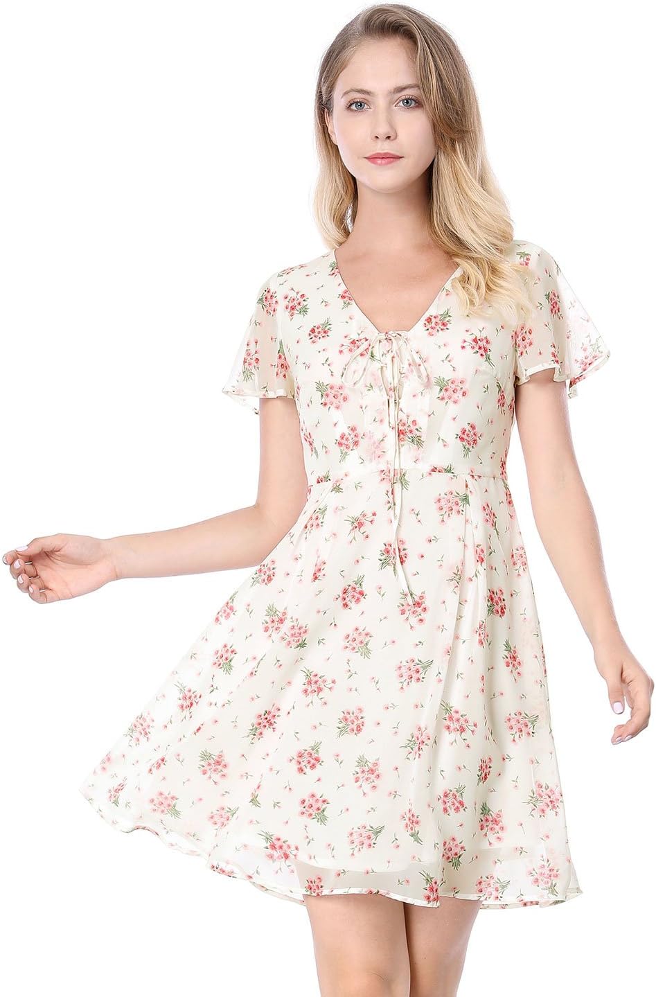 Allegra K Women's Floral Printed Spring Summer Flare Short Sleeve Lace-up V Neck Chiffon Dress