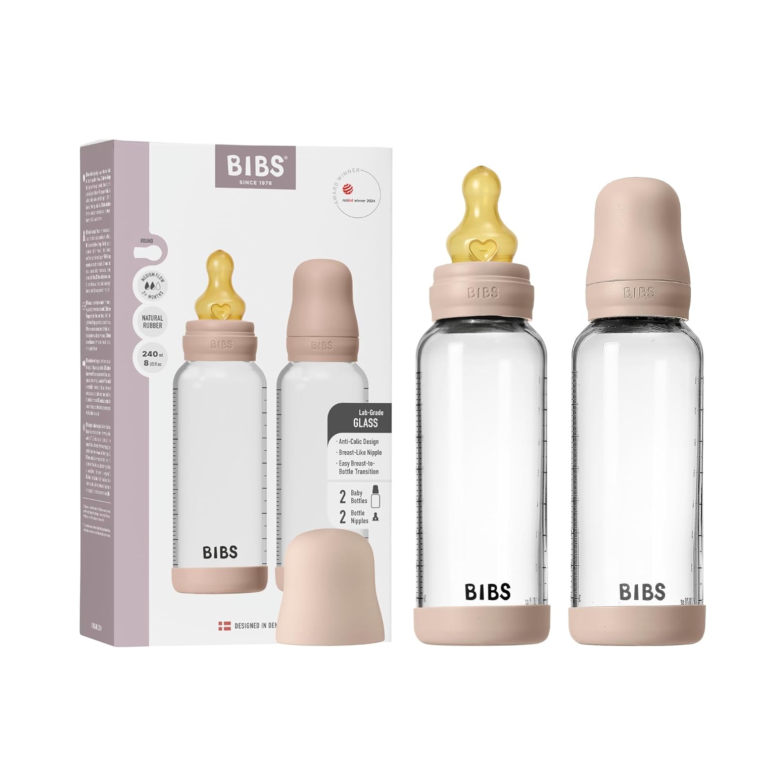 BIBS Baby Glass Bottle 2-Pack 240 ml. Anti-Colic. Vented Round Silicone Nipple. Supports Natural Breastfeeding, Complete Set - 240 ml (Pack of 2), Blush