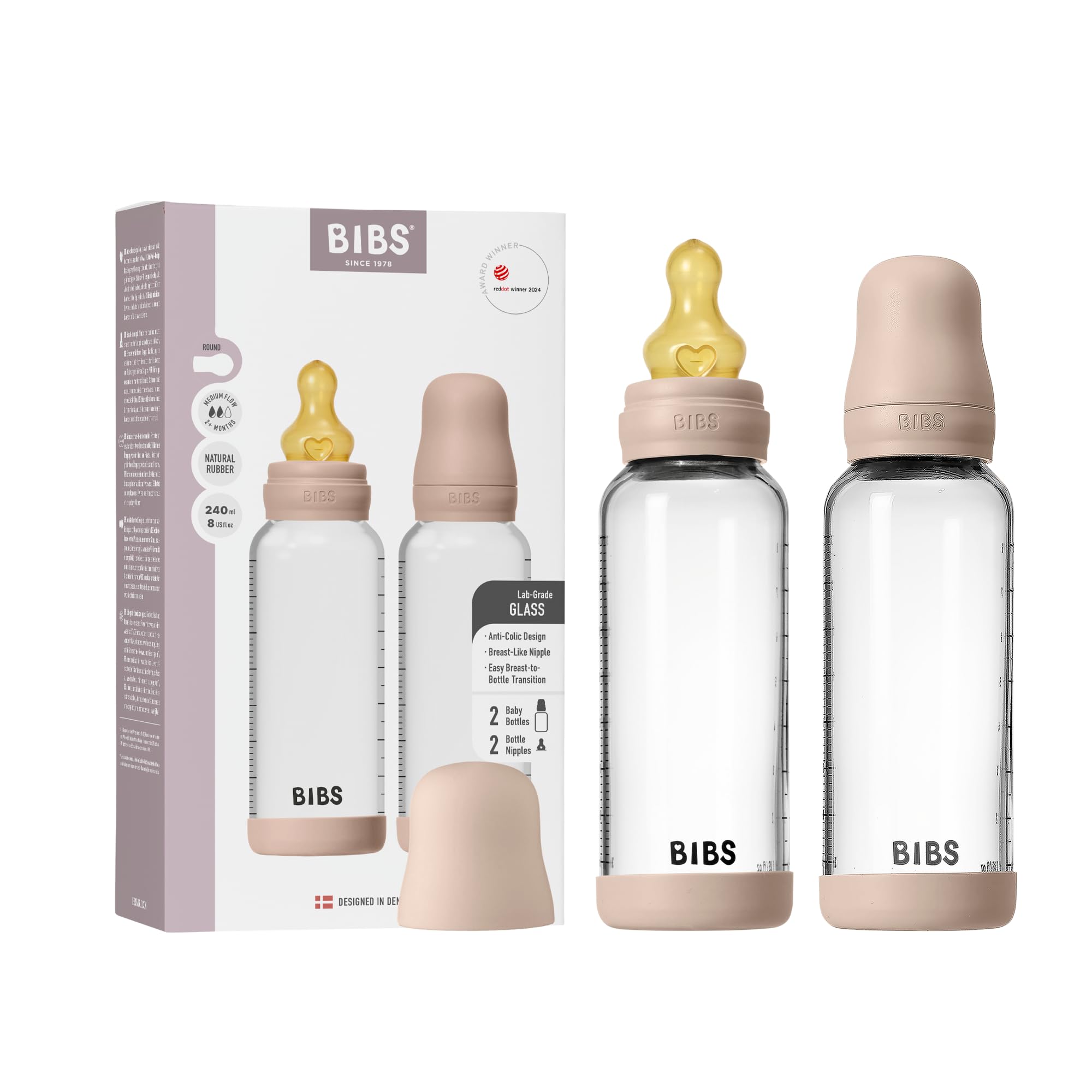 BIBS Baby Glass Bottle 240ml, 2er Pack, Vermindert Koliken, Runder Sauger aus Naturkautschuklatex, Unterstützt das Stillen, Complete Set - 240 ml (Pack of 2), Blush