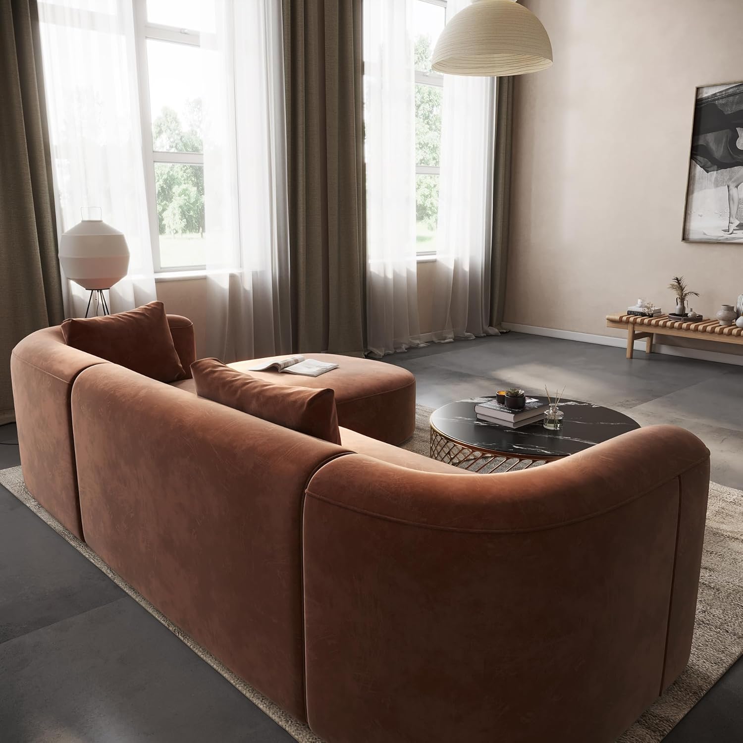 Acanva Luxury Modern Tight Curved Back Velvet Sofa, Minimalist Style Comfy Couch for Living Room Apartment, L-Shape Right Chaise, Tangerine Tangerine L-Shape Right Chaise