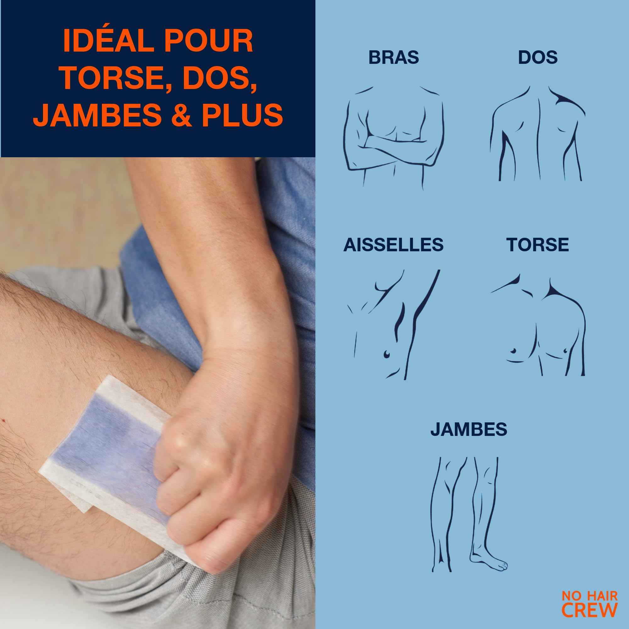 NO HAIR CREW 6x20 Bandes d’Épilation Homme - Jusqu’à 3 Semaines Sans Poils | Pour poitrine, dos, bras et jambes. Retire les poils à la racine pour une peau lisse durable et une repousse plus douce.