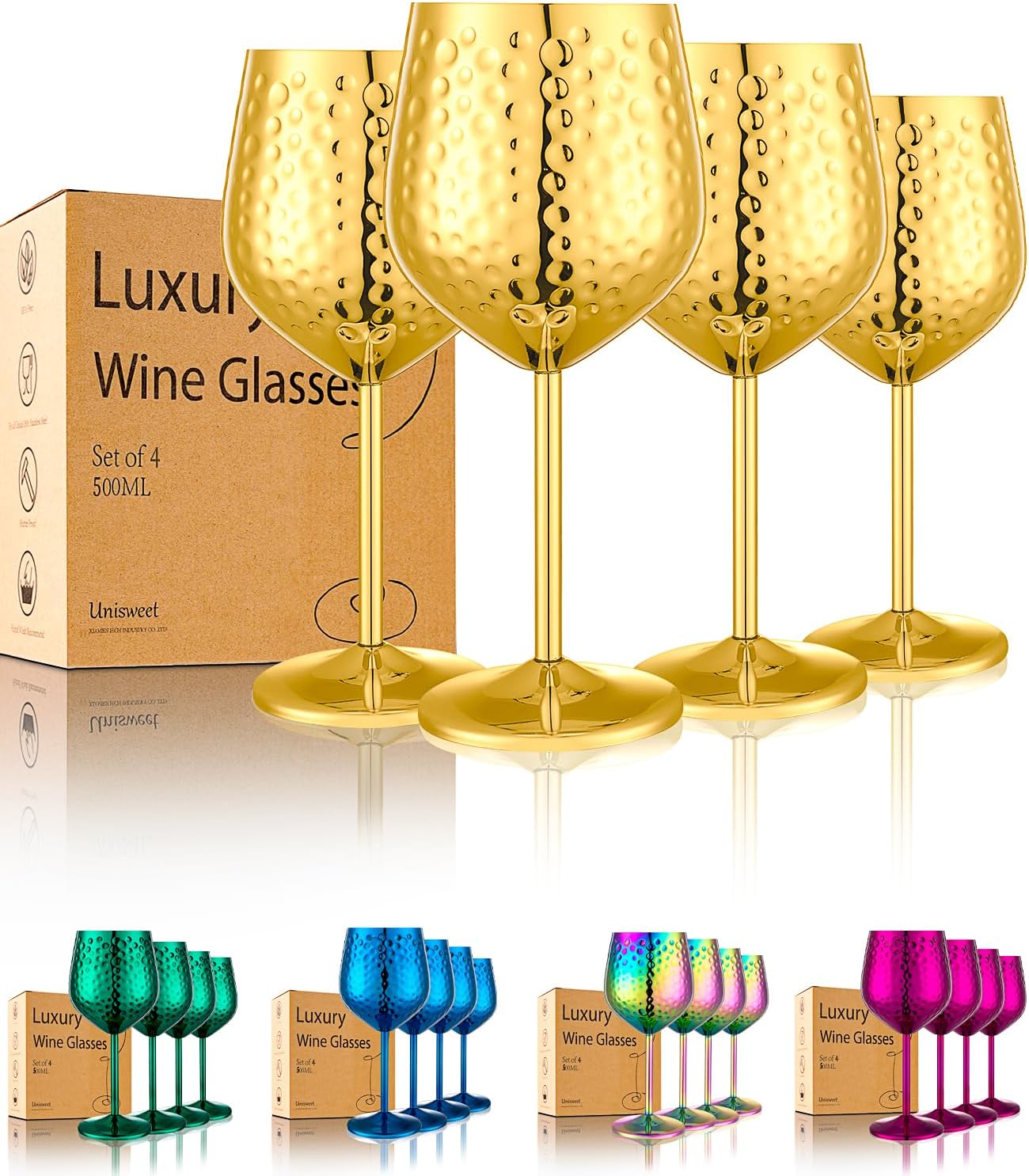 Stainless Steel Wine Glasses-18 oz Unbreakable Hammer point Wine Goblets, Elegant Unique Metal Wine Glass for Outdoor, Travel, Camping, Pool,Gift for Wine Lovers (Set of 4) (Gold)