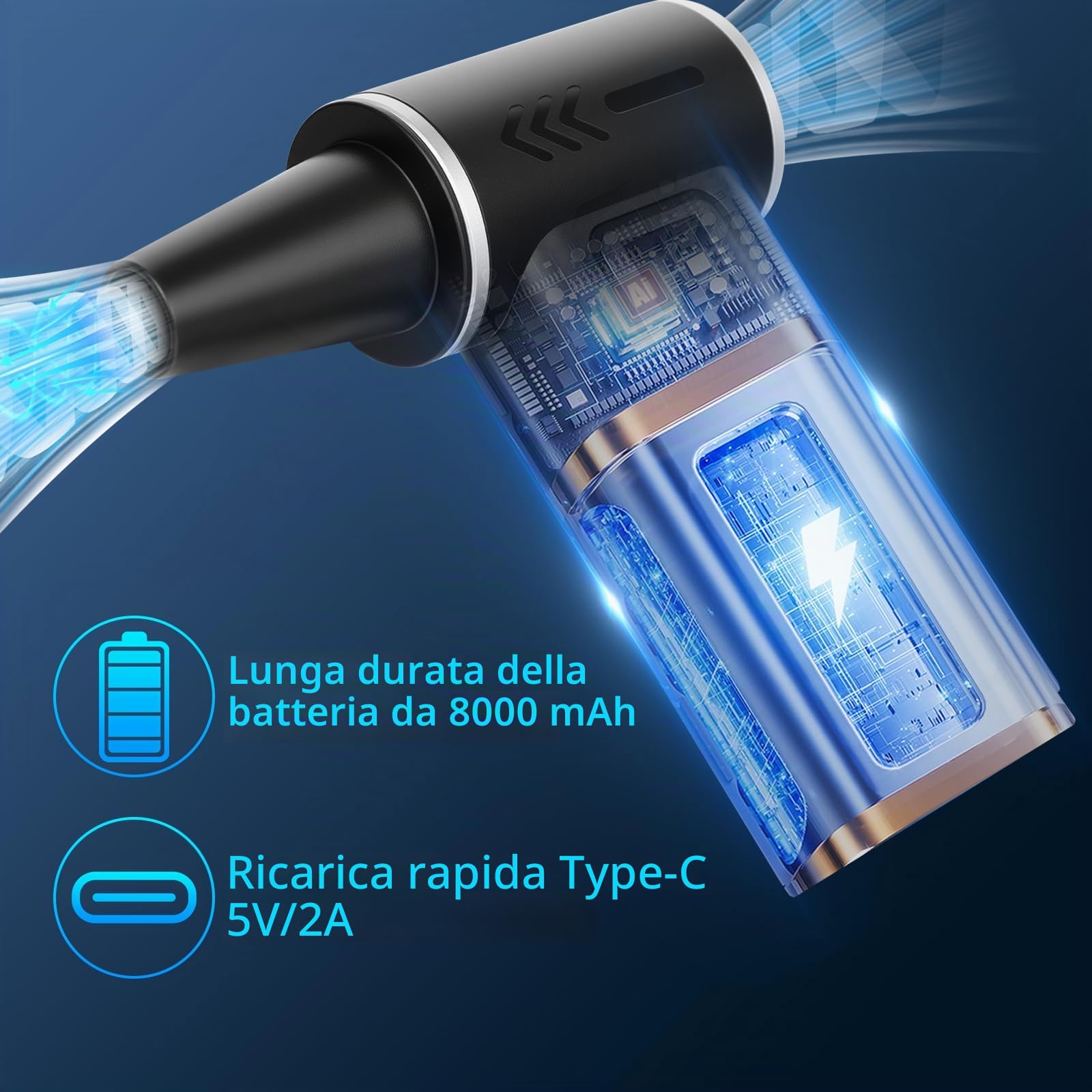 Soffiatore Aria Compressa 2-in-1 Air Duster Elettrico & Aspirapolvere 180000 RPM, Batteria 8000mAh, 100 Livelli di Velocità, Display Digitale, Kit Pulizia PC, Tastiera e Auto, USB-C