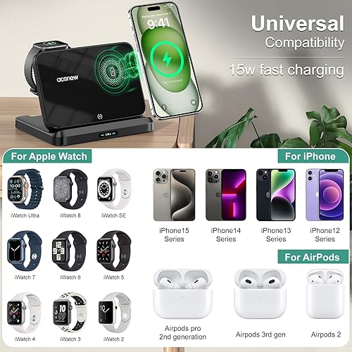 Miniatura 5 de Cargador inalámbrico 3 en 1 compatible con MagSafe para teléfono 1716151413, Apple Watch, Air-Pods - Cargador plegable  Carga rápida de 25 W