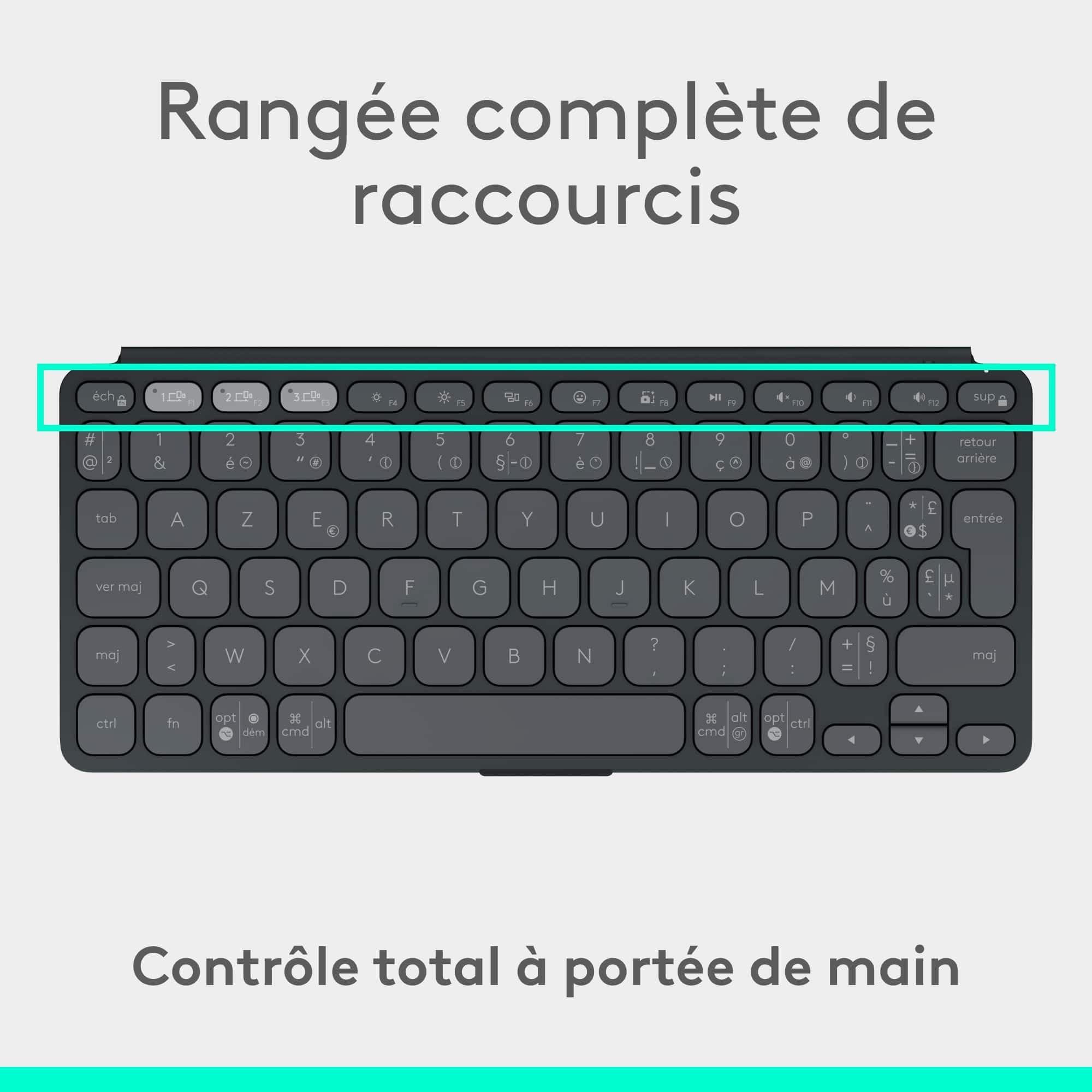 Logitech Keys-To-Go 2, clavier Bluetooth portable pour tablette avec coque intégrée, clavier sans fil compact ultra-mince pour Windows, Android, Linux, iPad, iPhone, Mac, Apple TV, AZERTY FR -Graphite