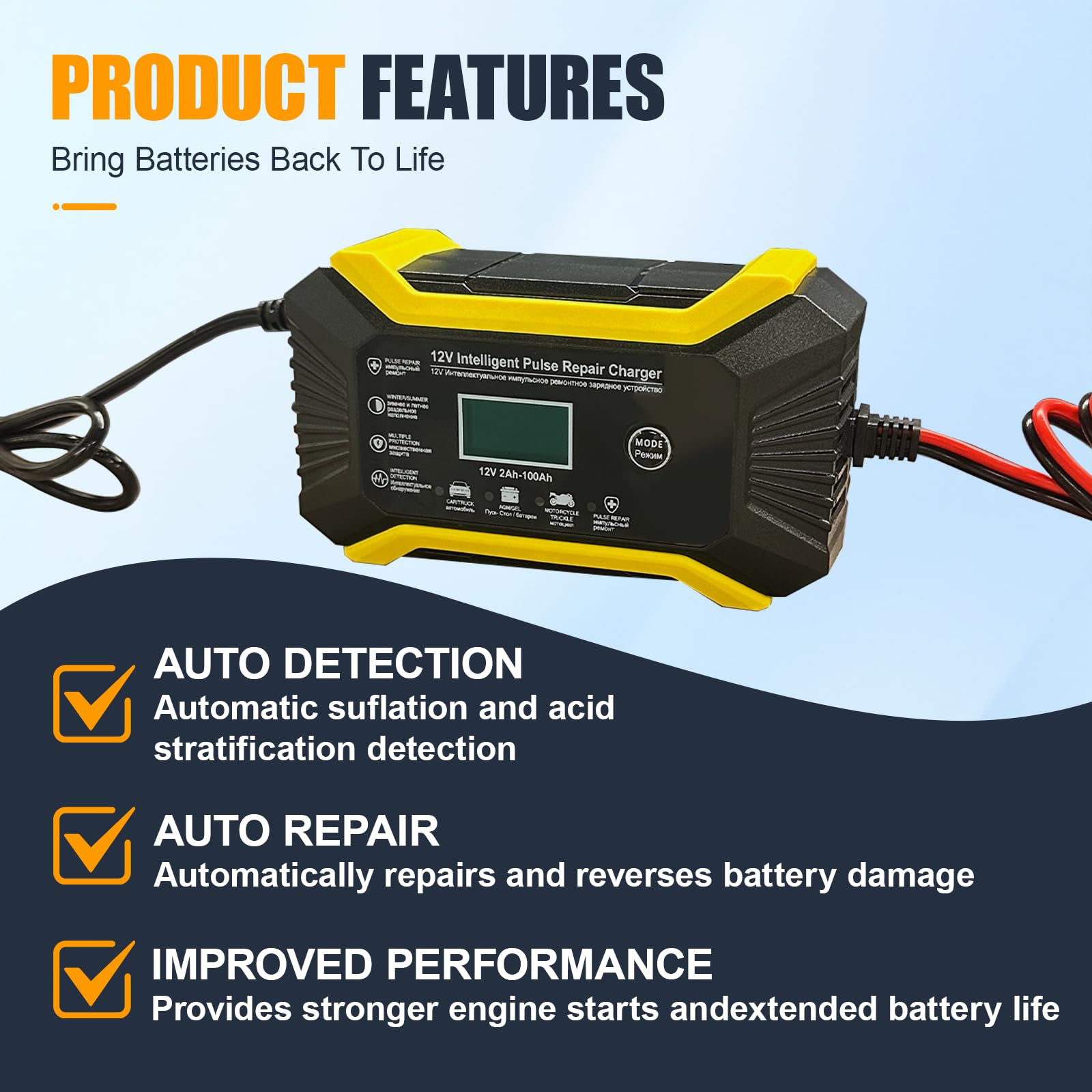 Chargeur de batterie de voiture 12 V 6 A, chargeur intelligent et mainteneur avec écran LCD et compensation de température, chargeurs portables universels pour voiture, camion, SUV, ATV