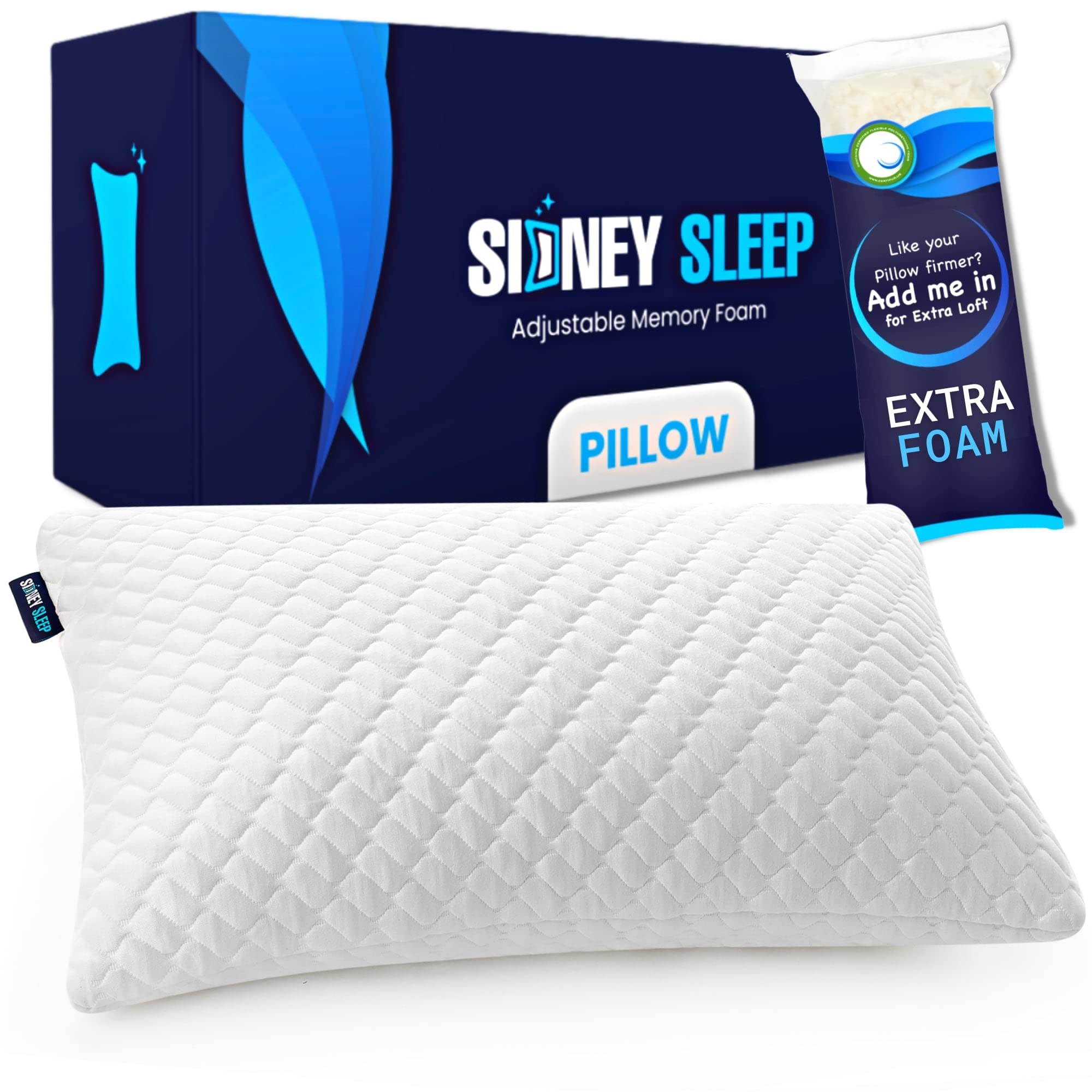 Sidney Sleep Standard Pillow for Neck and Shoulder Pain - Side Stomach and Back Sleepers - Memory Foam Bed Pillow for Sleeping - Adjustable Loft - Washable Case. Extra Fill Included (Queen, White)