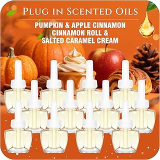 Plug In Refills Air Freshener, Pumpkin, Apple Cinnamon, Cinnamon Roll, Salted Caramel Cream, for Home and Bathroom 7.92 Fl Oz, 12 Count, Compatible with Air Wick & Glade, Not Include Glade Plus