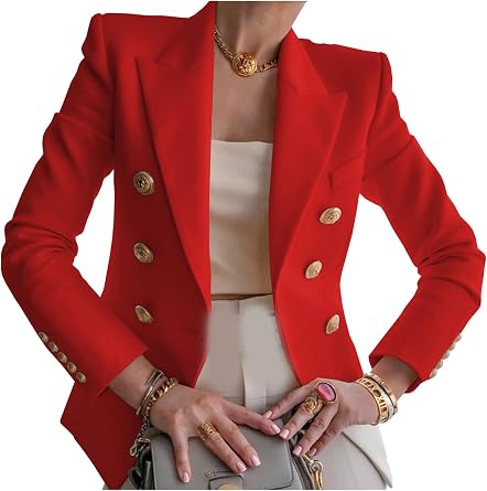 YMING Womens Double Breasted Long Sleeve Blazer Lapel Open Front Jacket Solid Color Work Office Coats with Pockets