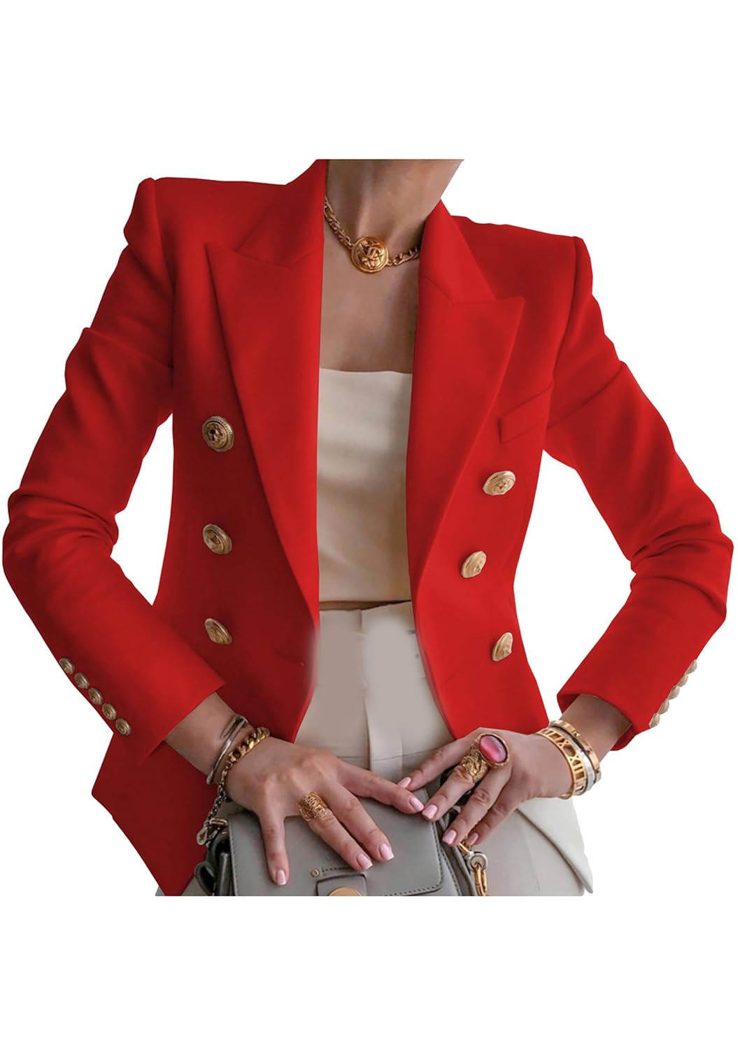 YMING Womens Double Breasted Long Sleeve Blazer Lapel Open Front Jacket Solid Color Work Office Coats with Pockets