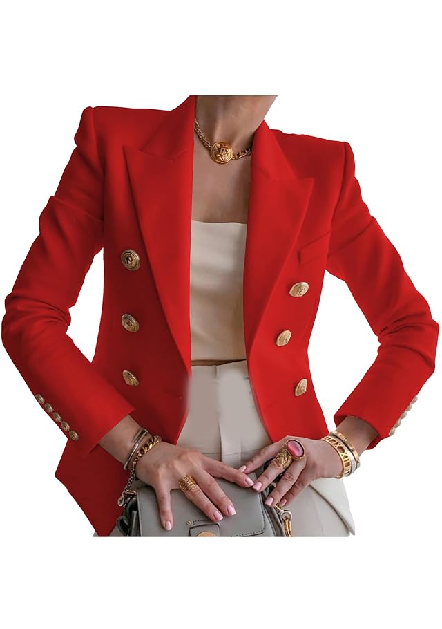 YMING Womens Double Breasted Long Sleeve Blazer Lapel Open Front Jacket Solid Color Work Office Coats with Pockets