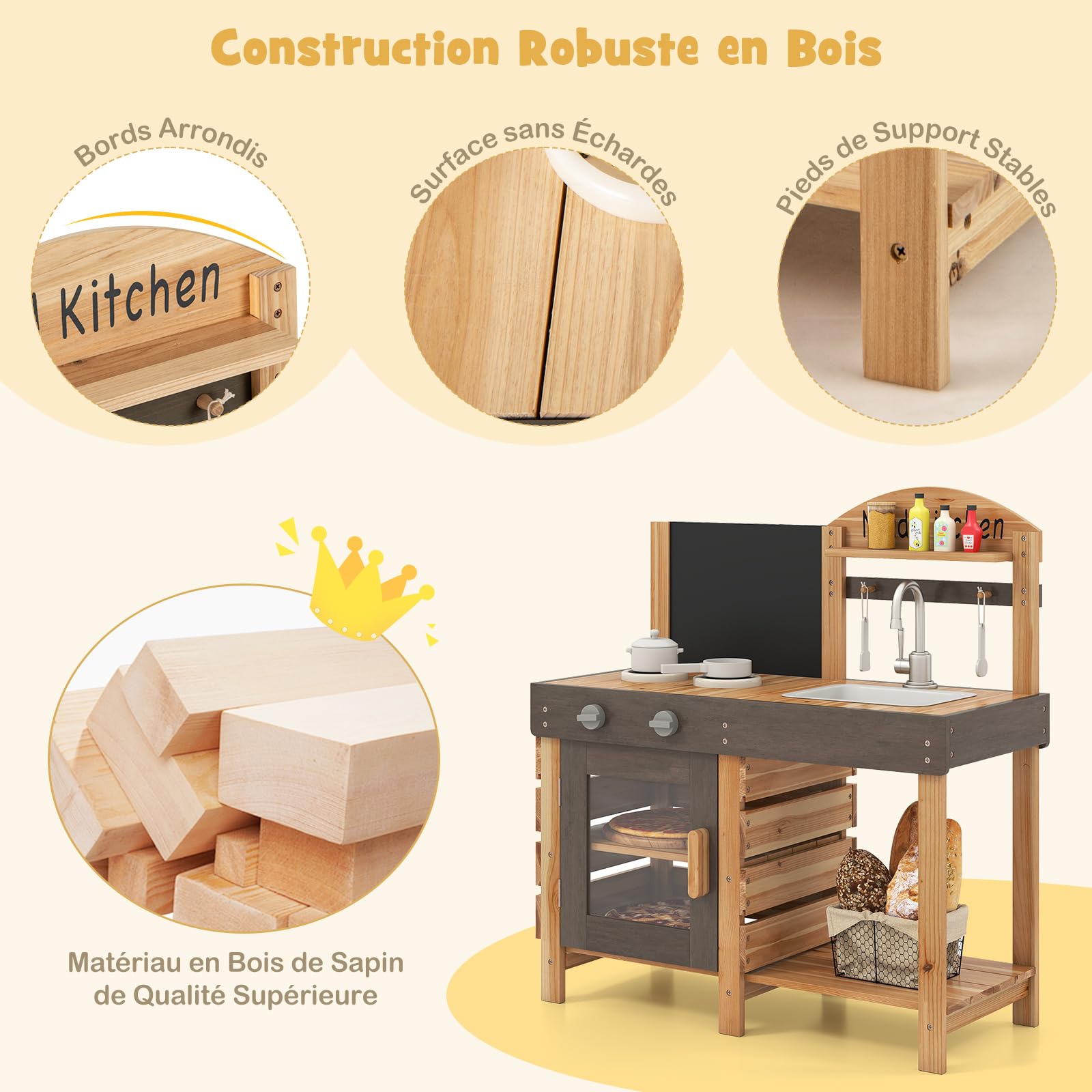 COSTWAY Cuisine Extérieure Enfant avec Tableau Noir & Four, Cuisine de Boue en Bois avec Évier & Robinet, 5 Accessoires, Étagère de Rangement, Jouet de Simulaiton pour Enfant de 3 Ans+