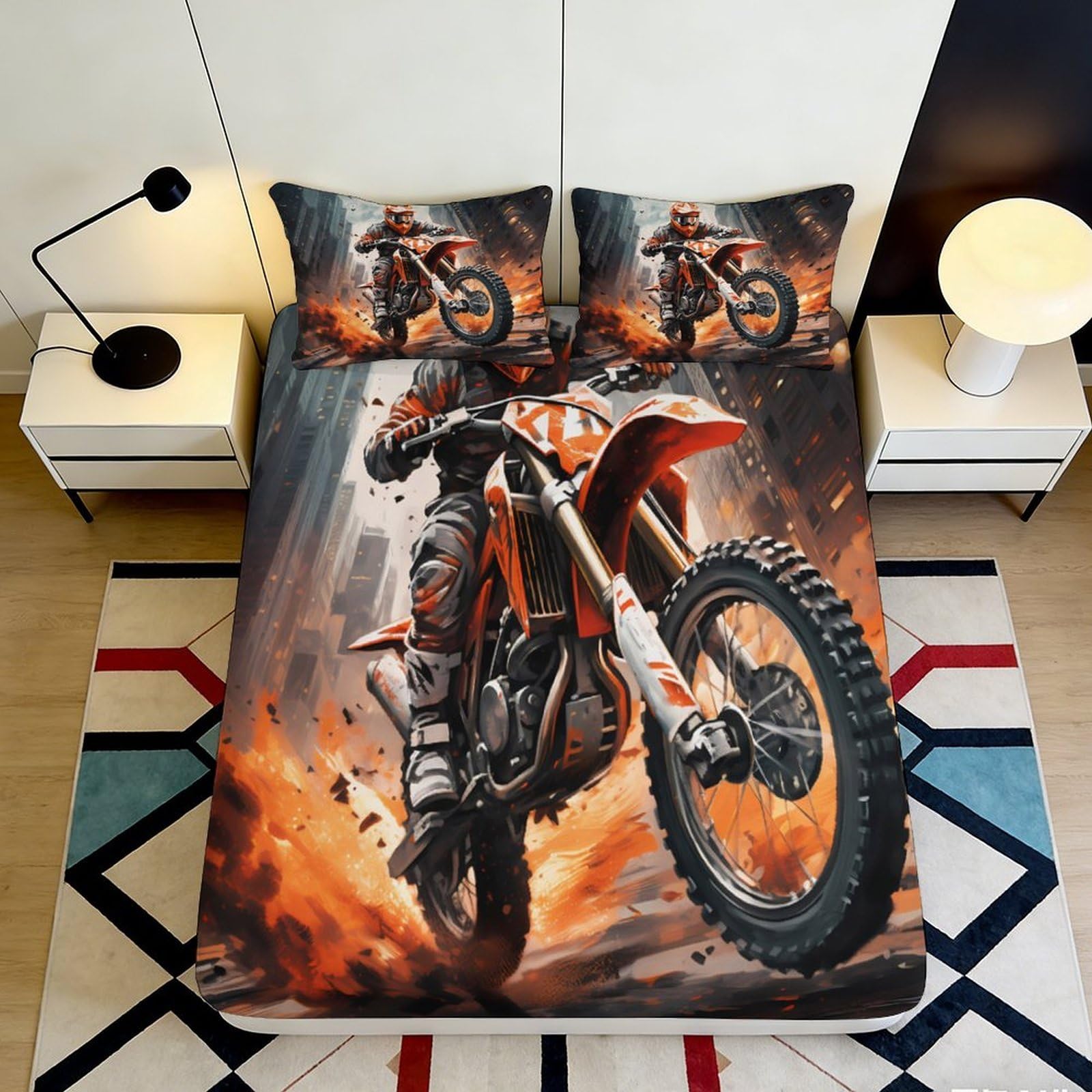 Pnayamiorkfel Style-2 3D Printed Motocross Fitted Sheet Microfiber Orange Flame Motorcycle Bed Cover For Bedroom Guest Room Decoration 90X200x25cm