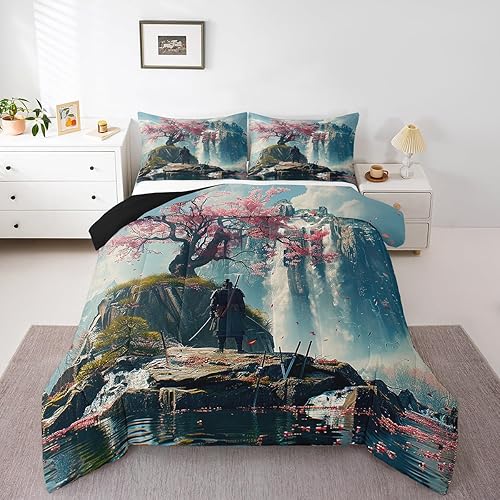 Miniatura 34 de Erosebridal Juego de edredón tamaño individual samurái de estilo japonés para niños y adultos, juego de ropa de cama de calavera roja y negra,