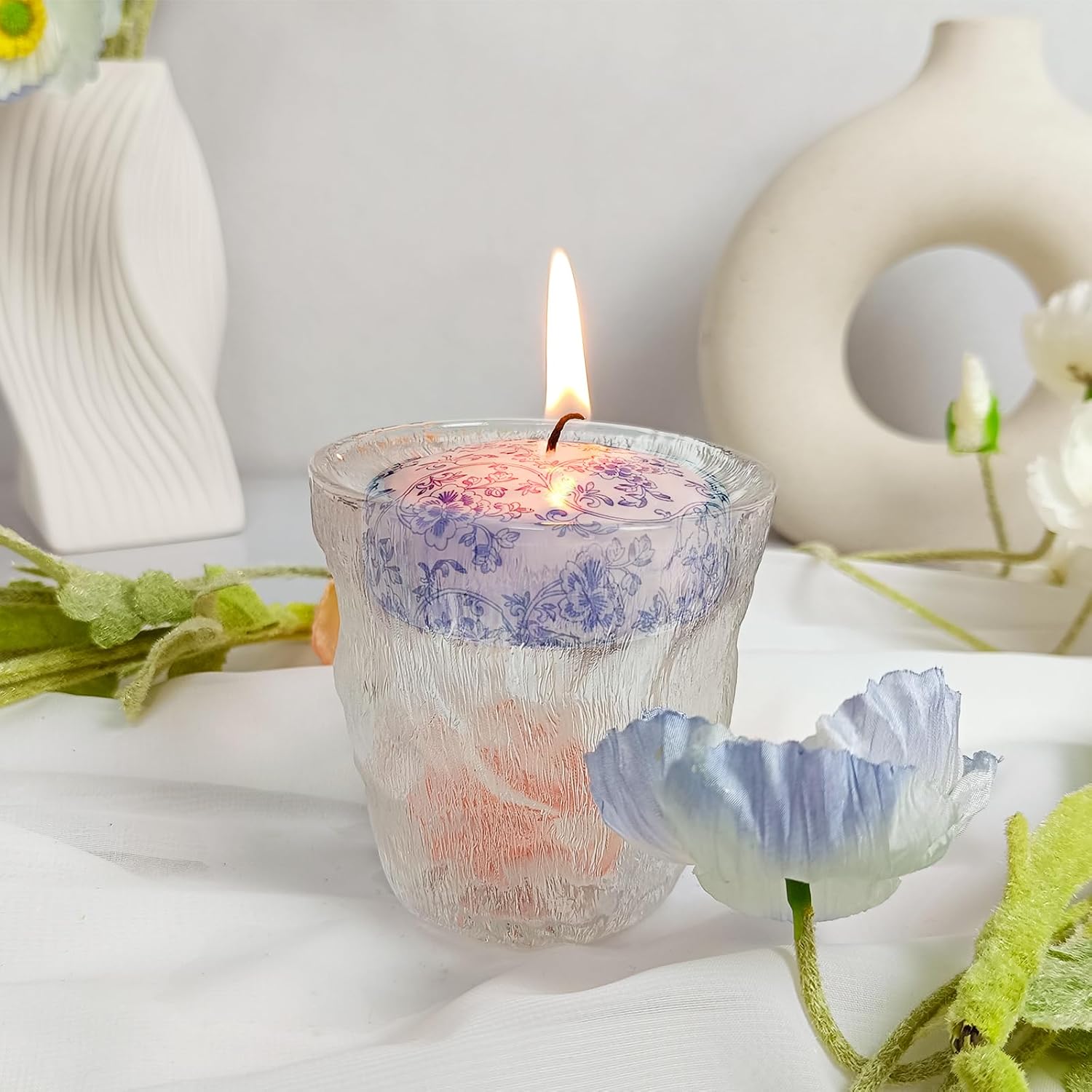4 Pack Print Floating Candles 2 Inch Floral Floating Candle with 2 Pearl String Unique Unscented for Centerpieces Wedding Christmas Lights Romantic Night (Blue Floral Pattern)