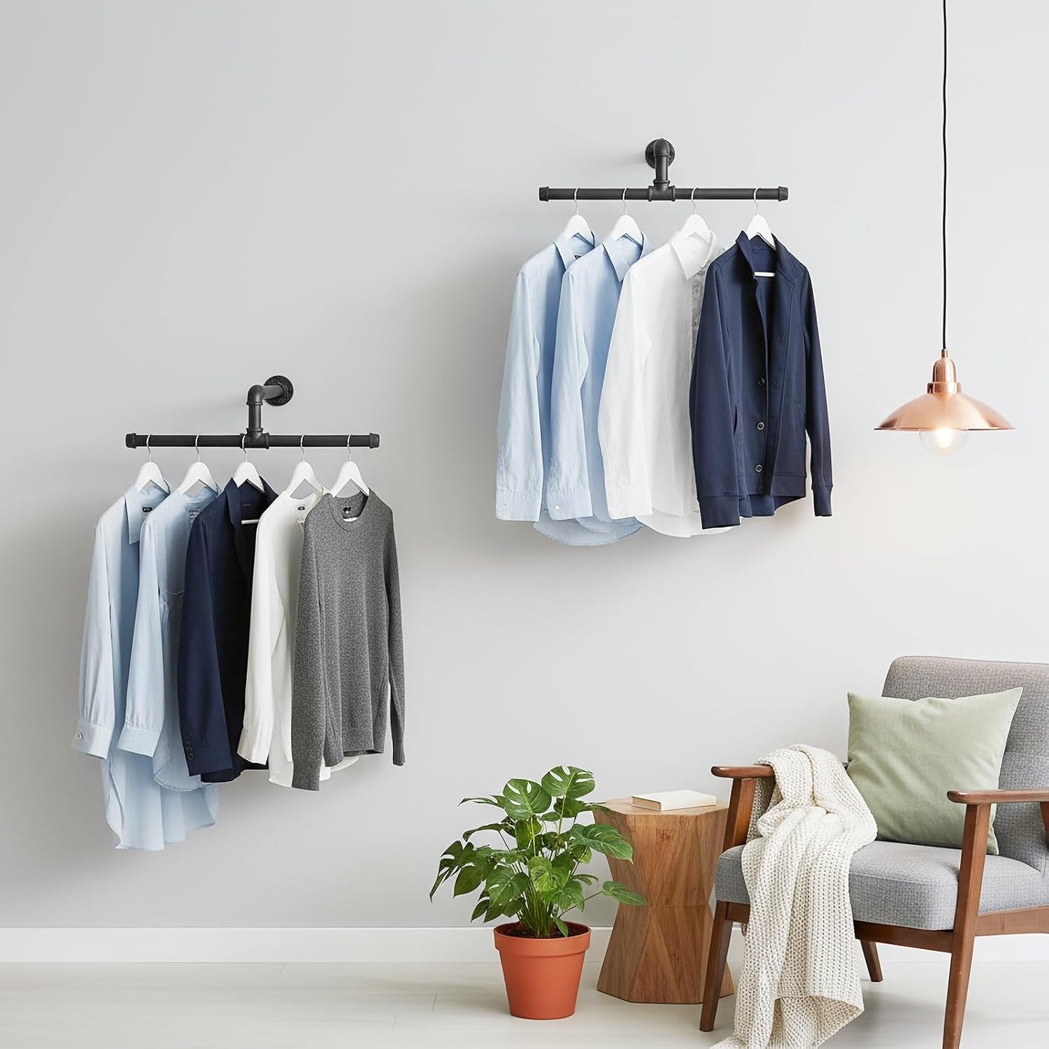 Wall Mounted Industrial Pipe Hanger Rack, Heavy Duty Metal Adjustable Hanging Storage Hook, Space Saving Side Display Organizer for Clothes, Backpack Sprayers, Boutique (2 Pack)