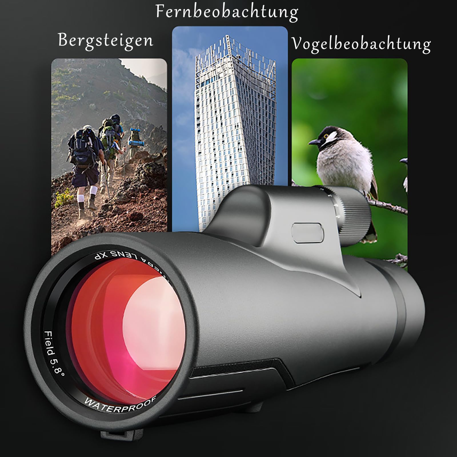 Monokular 12x56ED mit Entfernungsmesser Teleskop IPX7 Stickstoffgefüllt Wasserdicht, 21MM Okular，BAK4 Prisma & FMC-Linse, Nachtsicht für Erkundungen Vogelbeobachtung, Jagen, Wandern, Konzert