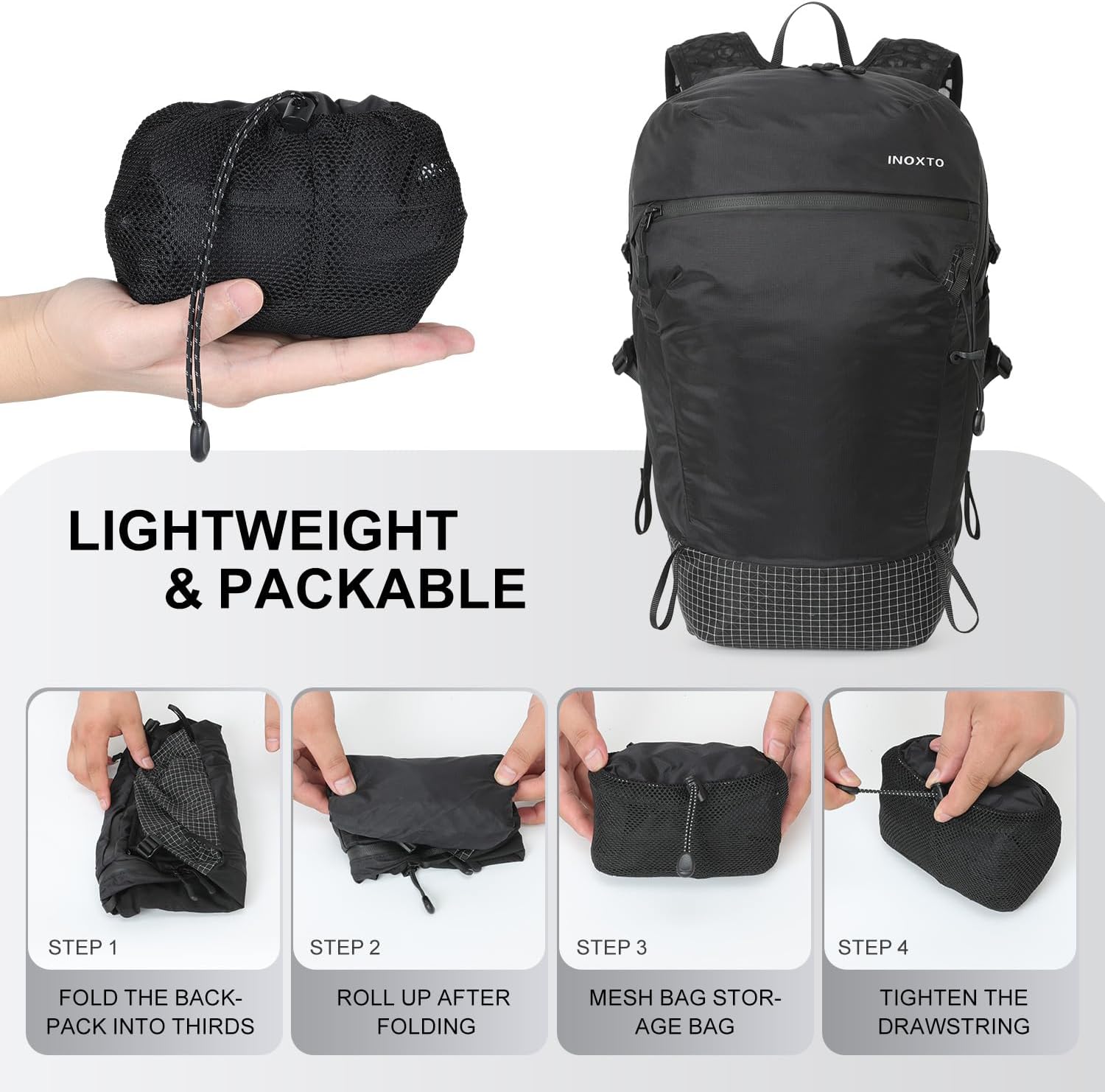 IX INOXTO Hiking Backpack 15L/22L Ultra Lightweight Packable Travel Backpack Small Waterproof Foldable Outdoor Day Pack with Two 500ML Soft flasks for Men Women (Black)
