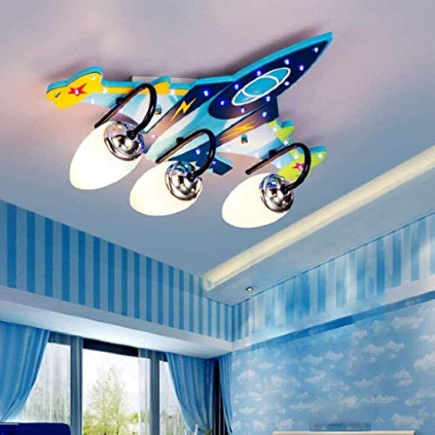 Ceiling Lamp Shade for Airplane, Cartoon Airplane Design Chandelier for Boys and Girls Bedroom, with 3PCS E14 Lamp Holder, Ceiling Lamp Shade for Children Room, Party, Kindergarten,Collector88