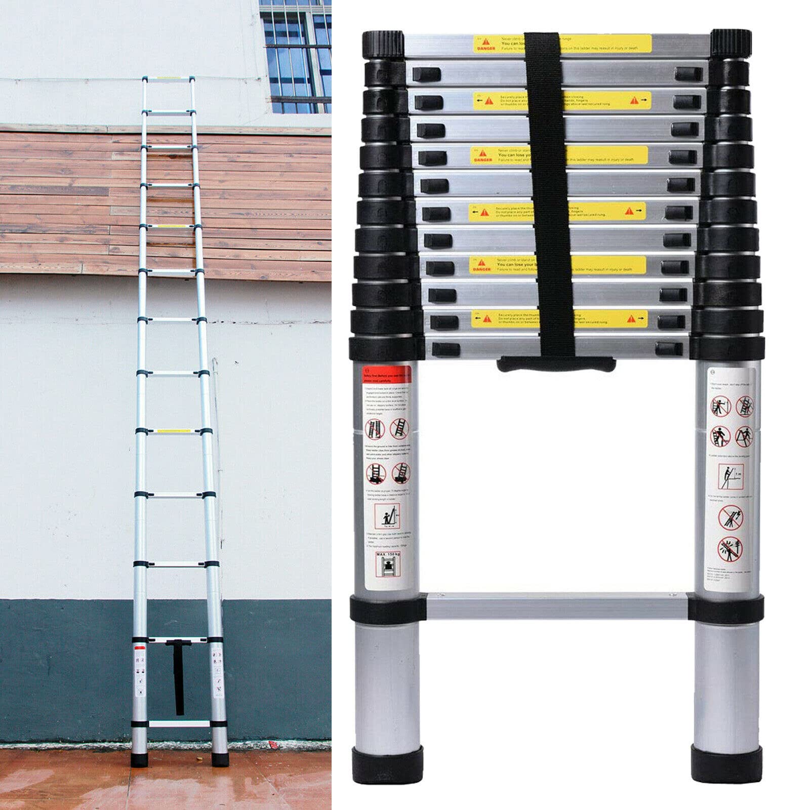 16.4FT Aluminium Telescopic Ladder, Robust Extension Ladder Loft Ladder, Multi-purpose Ladder with 13 Rungs, 330LBS Load Capacity, EN131