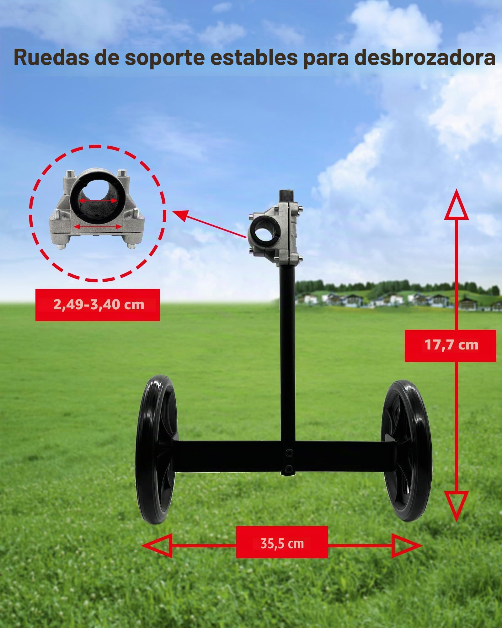 Accesorio de rueda de recortadora de cuerda, rueda de soporte de 20 pulgadas de altura ajustable con tubo de eje de 1 a 1.35 pulgadas para desbrozadora eléctrica de cuerda de gas, rodillo de césped de