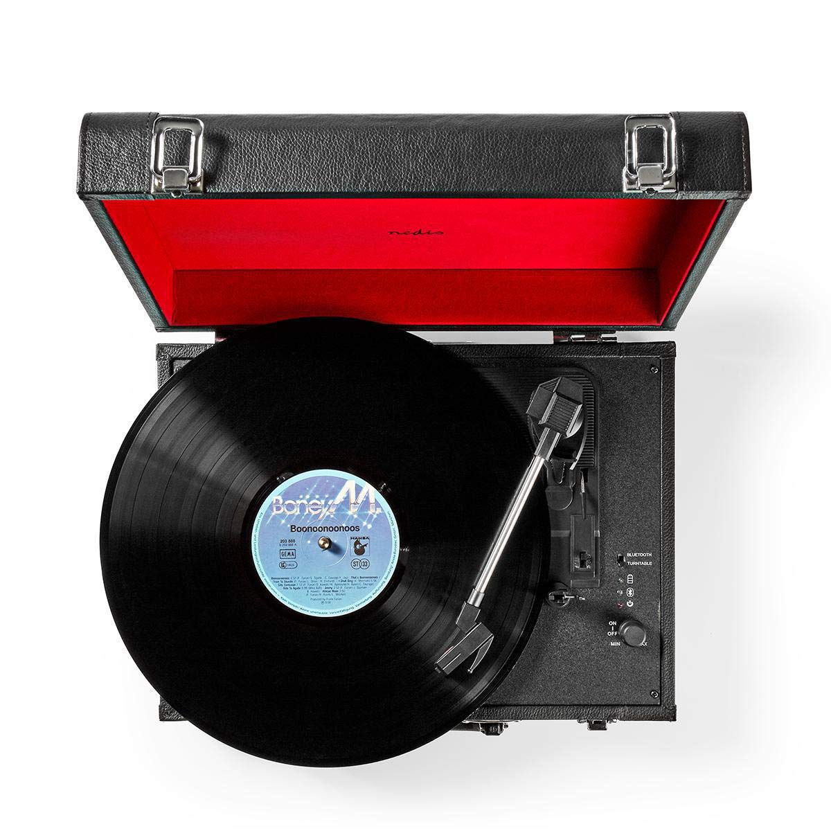 Giradischi - 33/45/78 giri/min - Trasmissione a cinghia - 1x Stereo RCA - 18 W - Amplificatore incorporato (anteriore) - MDF/PU - Rosso/Nero