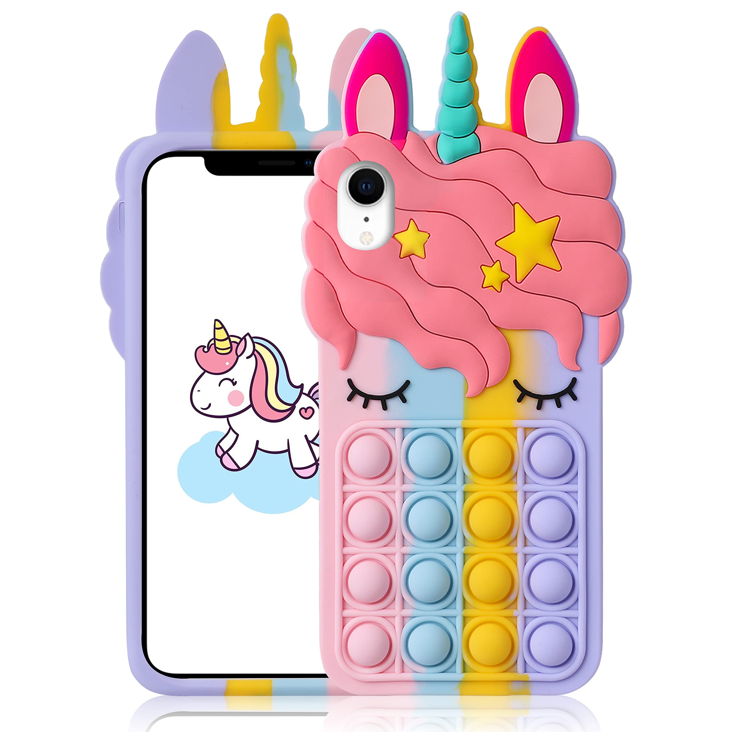 oqpafor iPhone XR Case Cartoon Kawaii Cute Fun Funny Silicone Design Cover for Girls Kids Boys Teen,Fashion Cool Pretty Stylish Unique Fidget Cases Aesthetic Color Unicorn Cases(for iPhone XR 6.1")