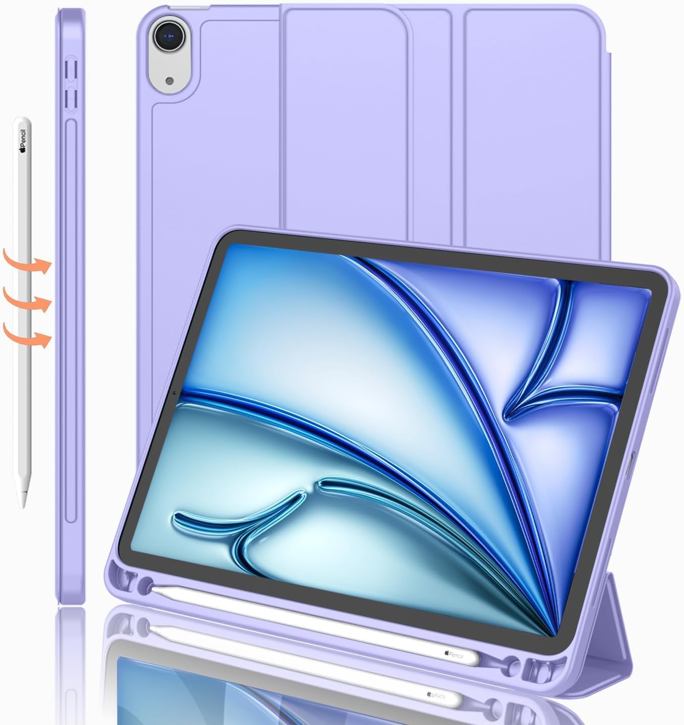 Printme Compatible with iPad Air 11 Inch Case M4 2026 /M3 2025 /M2 2024, iPad Air 5th/4th Gen 10.9 Inch Case with Pencil Holder, Trifold Stand Smart TPU Cover (Light Purple)-image-5