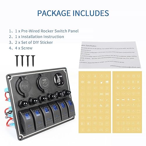 Vista 27 de Panel de interruptor de palanca impermeable de 6 cuadrillas 12V/24V Panel de interruptor basculante de aluminio con cargador USB doble, voltímetro