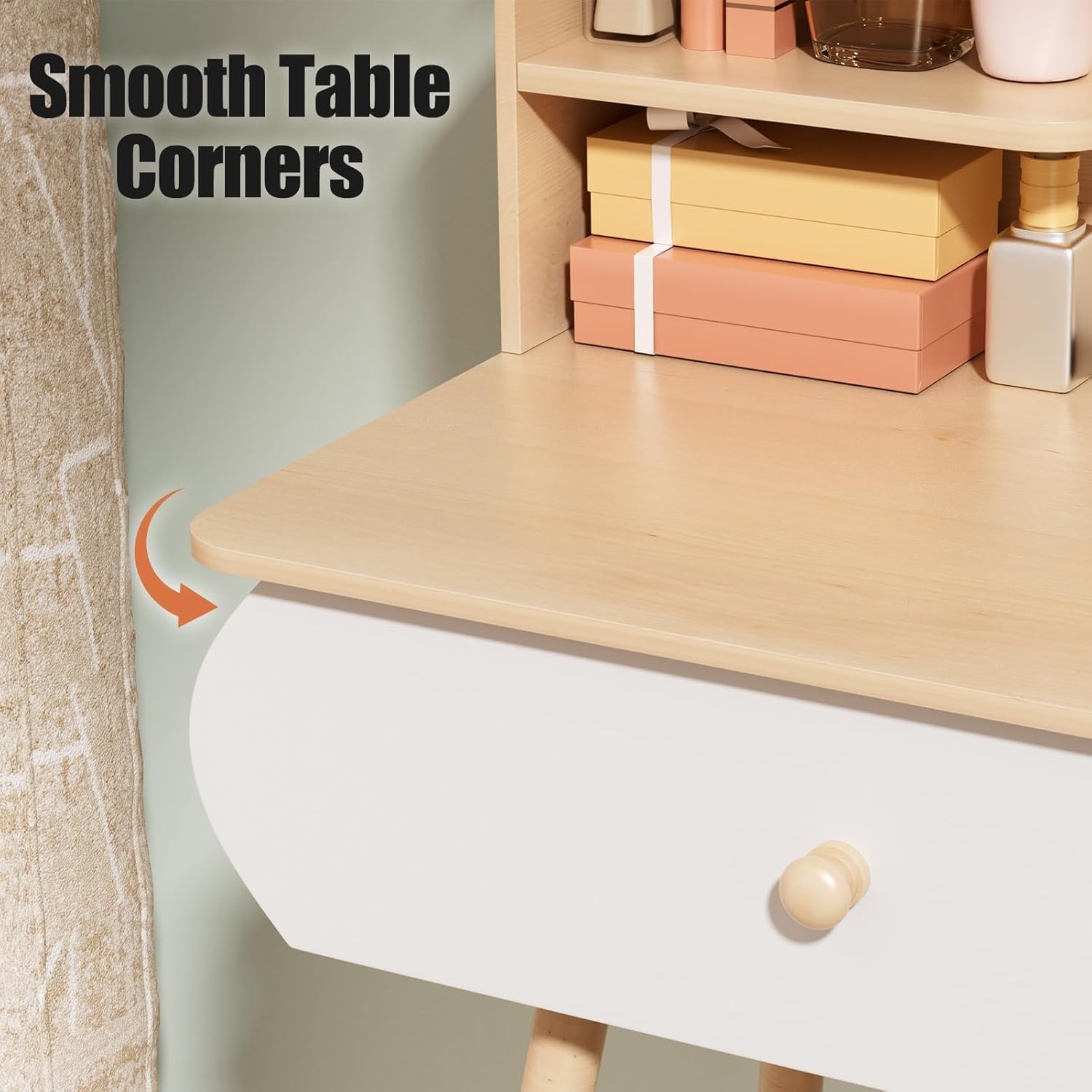 Small Space Wooden Vanity Desk with LED Lights & Round Mirror - Makeup Dressing Table with Storage Drawers for Bedroom, Girls