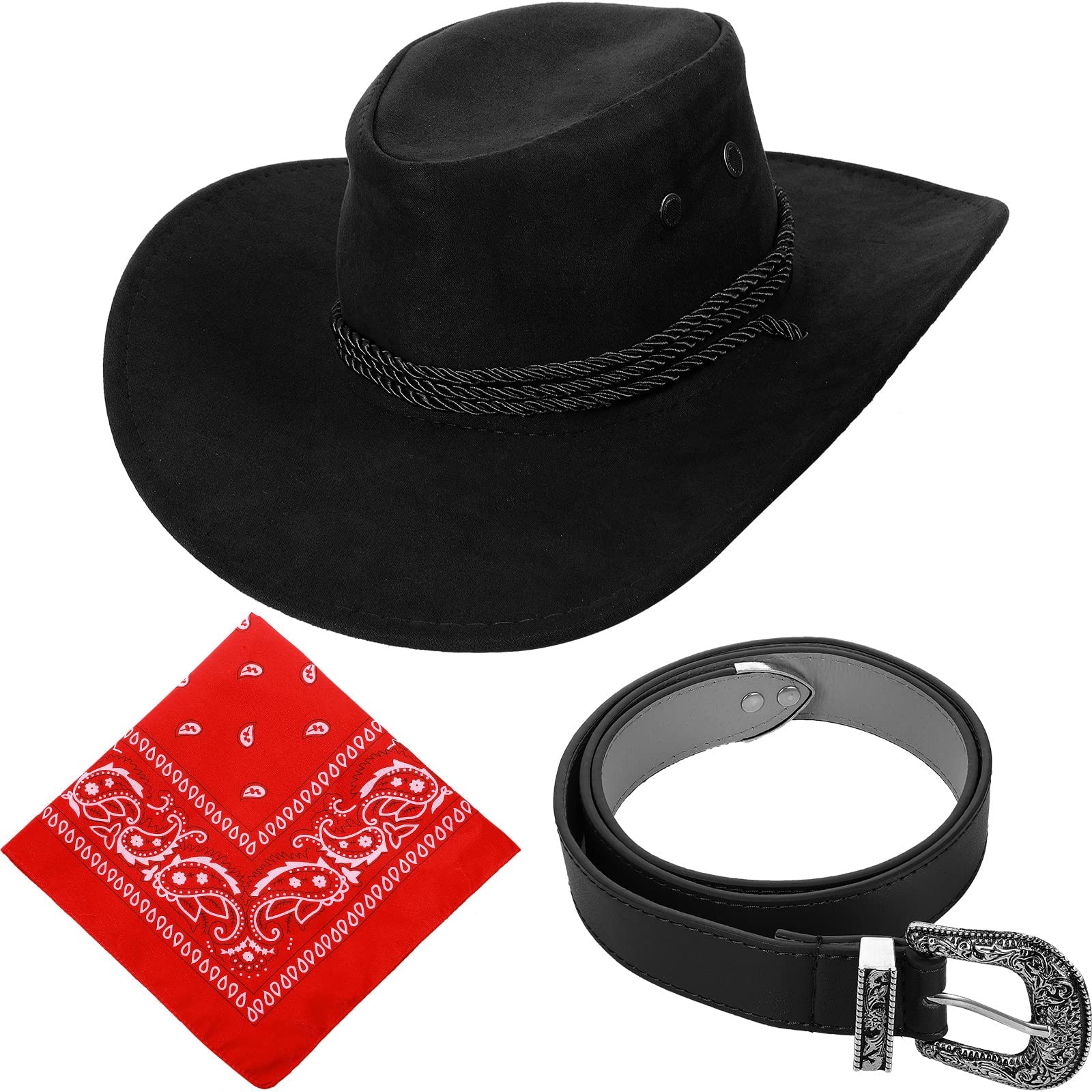 Haysandy Halloween 3 Pcs Cowboy Hat with Wide Brim Bandana Belt