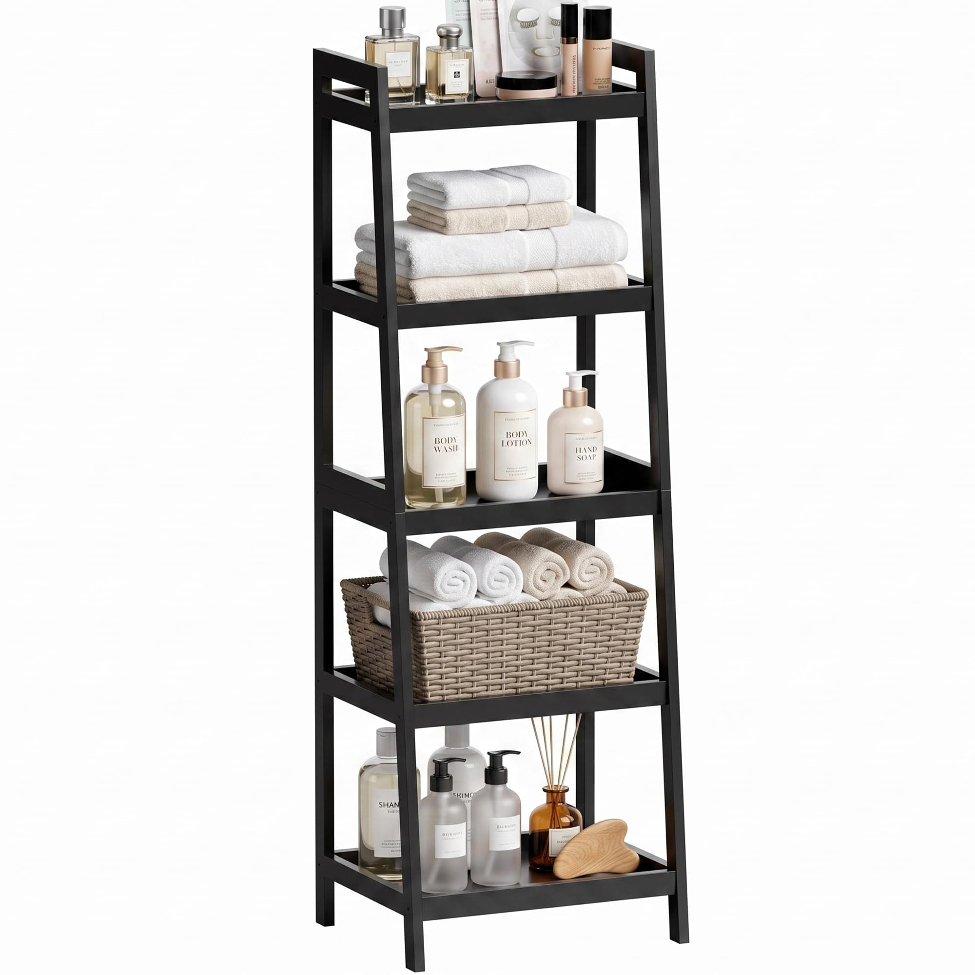 SMIBUY Bambusleiter-Bücherregal, Badezimmer-Aufbewahrungsregal-Organizer, freistehender Pflanzenständer Platzsparende Regale für Schlafzimmer, Küche, Balkon (Schwarz, 5 Ablagen (127cm H))