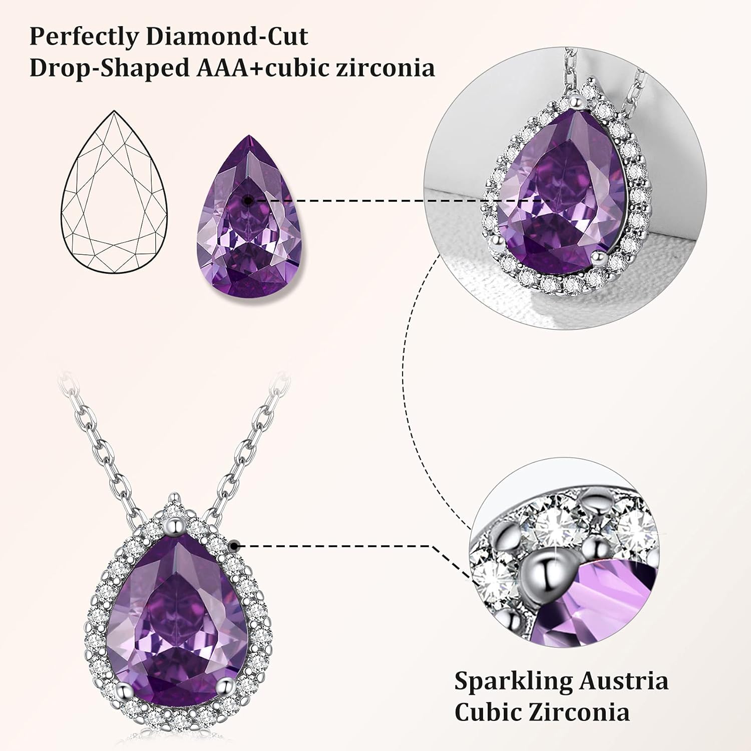 Bestyle Sparkling 925 Sterling Silver Birthstone Necklaces for Women, Created Heart/Round/Teardrop/Square Crystal Solitaire Pendant Diamond Necklace, Great Birthday/Anniversary/Wedding Gifts - Image 3