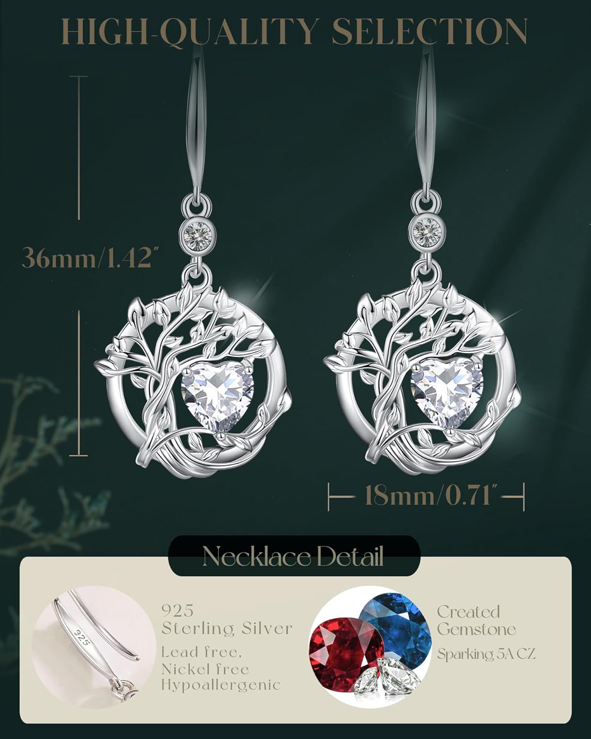 FANCIME Tree of Life Dangle Drop Earrings 925 Sterling Silver Dainty Round Gemstone Birthstone Earring Fine Jewelry Birthday Mothers Day Gifts for Her Women - Image 5