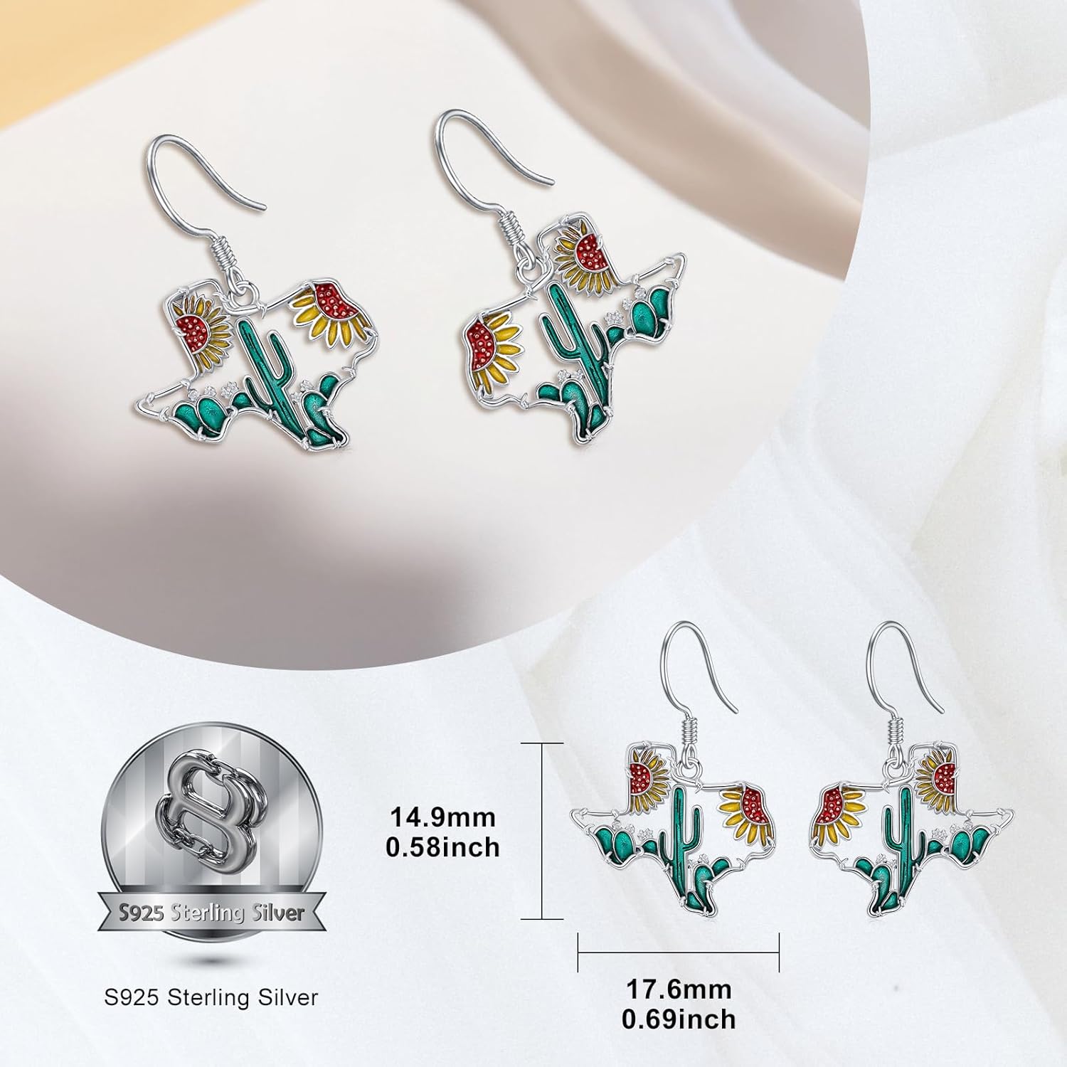 Texas Earrings 925 Sterling Silver Sunflower Cactus Dangle Earrings Texas Jewelry for Women Lone Star TX