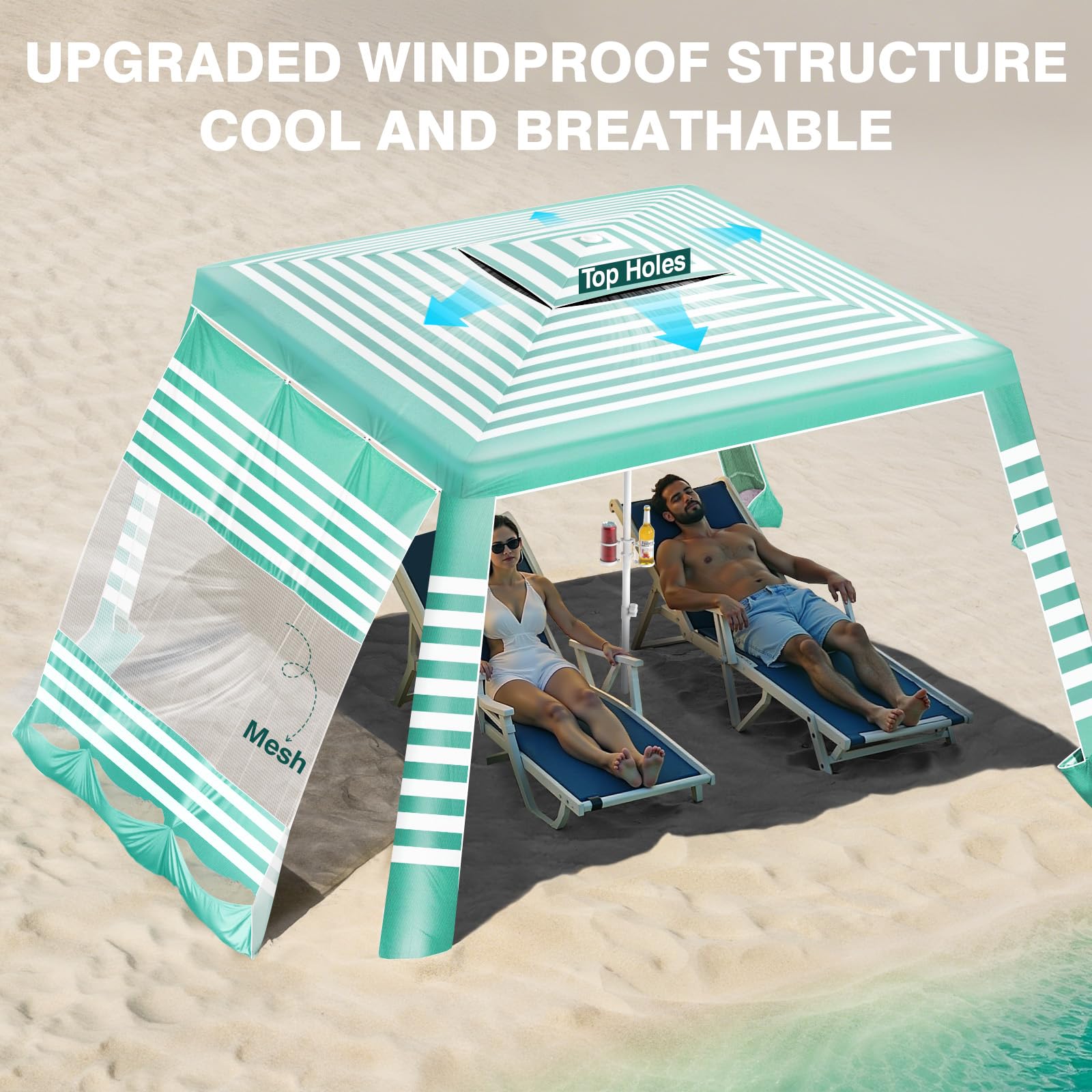 Condition photo showing New/Like New for rhino valley beach cabana, 8 * 8ft beach tent upf50+ protection, easy setup beach canopy wind resistant with cup holder, compact beach shade foldable beach tent sun shelter, green white