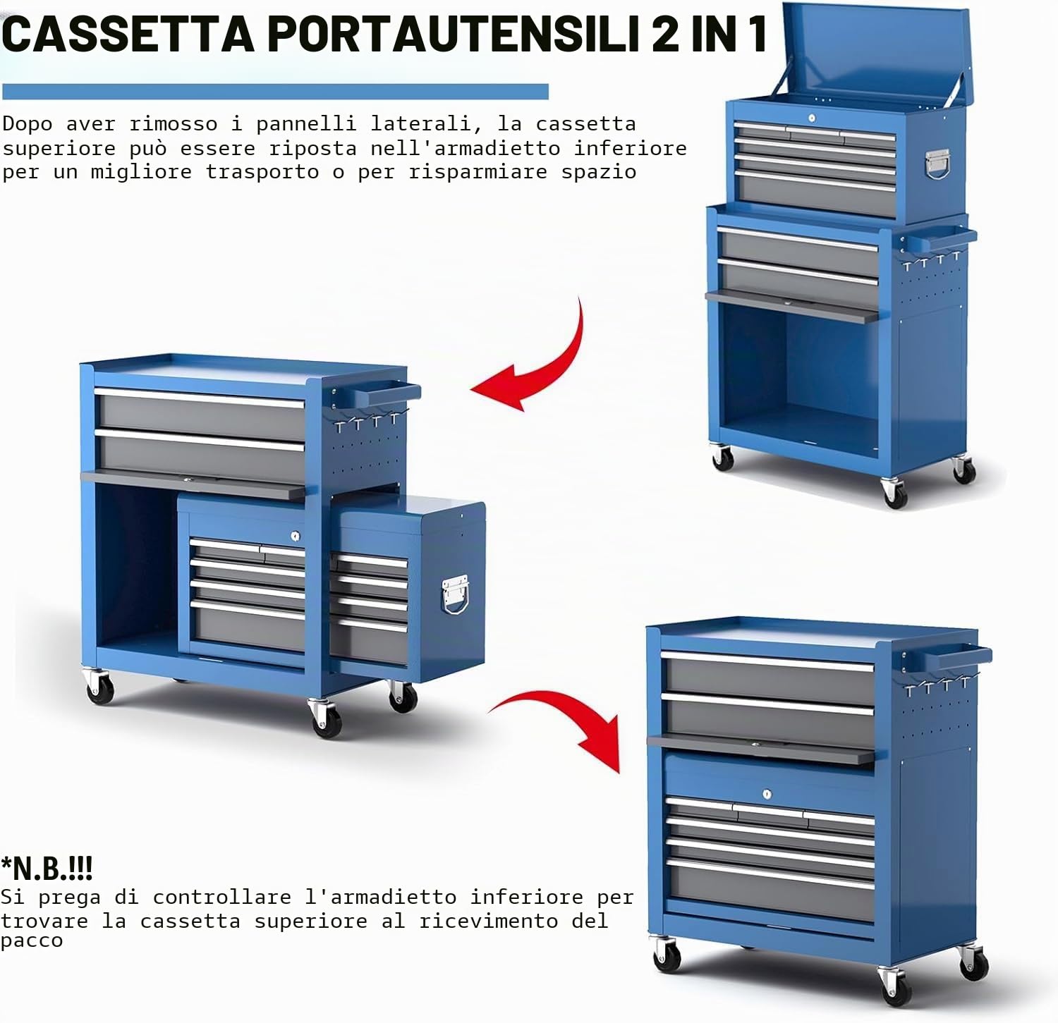 AIRAJ Carrello da Officina,8 Cassetti con Chiusura Centrale a Chiave,2 Ruote con Freno di Stazionamento/Piastra Laterale e Gancio,Professionale Carrello Portautensili,Adatto per Garage