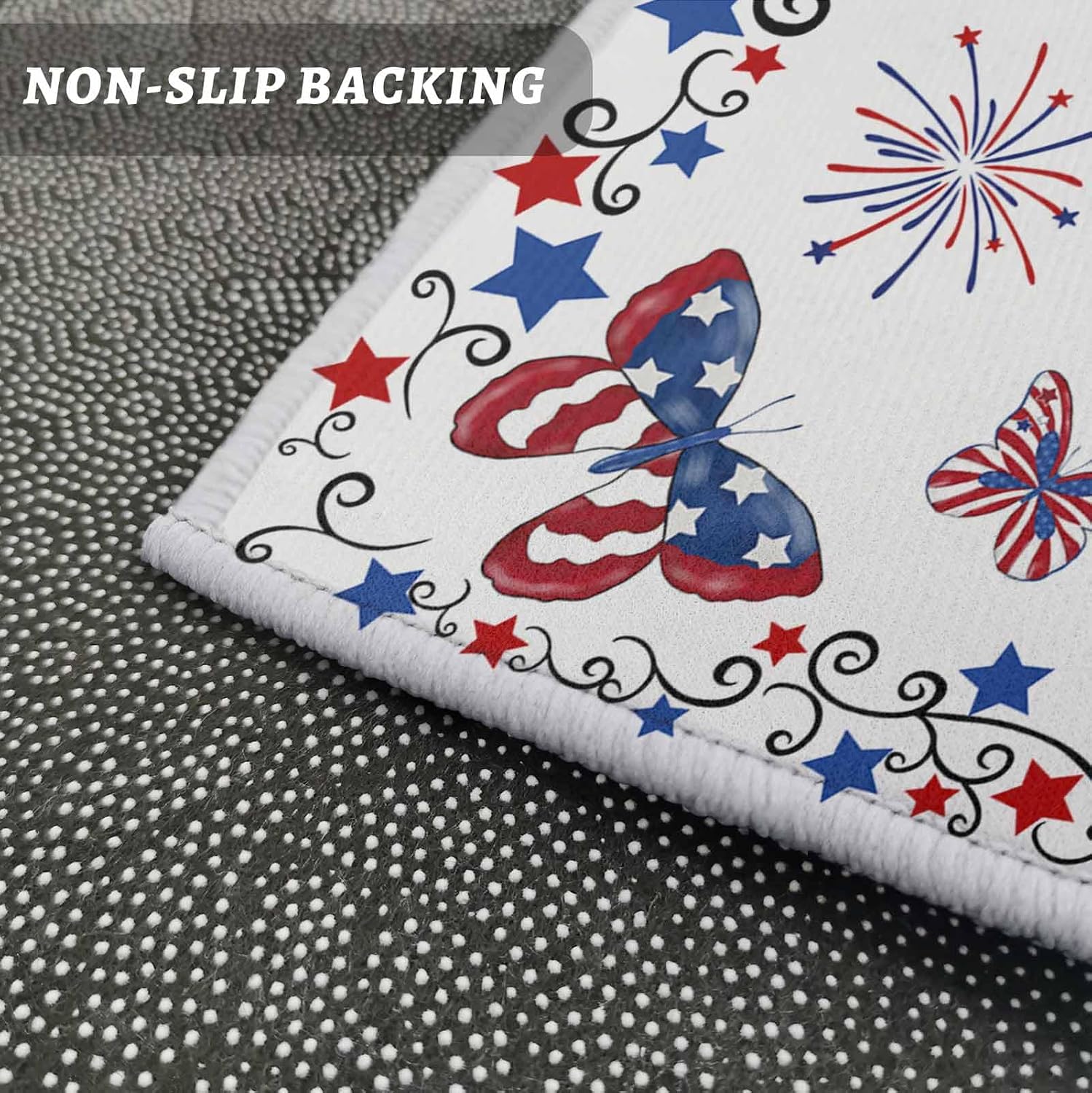 Kitchen Mats for Floor Independence Day Butterfly Flag Washable Non Slip Kitchen Rugs 2PCS, Freedom Celebration Star Stripe Absorbent Standing Mats for Sink Bathroom Office 15.7x23.6in+15.7x47.2in