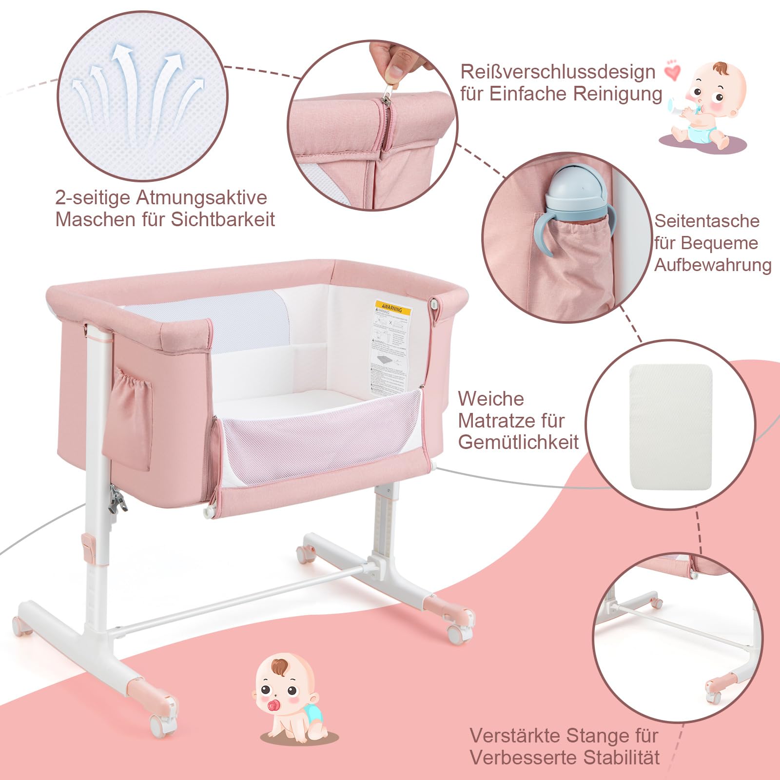 COSTWAY Łóżeczko dostawne 3 w 1 i kołyska dla niemowląt i łóżko podróżne, łóżeczko dziecięce z 5-stopniową regulacją wysokości, z możliwością pochylenia, łóżeczko dziecięce z materacem, torbą
