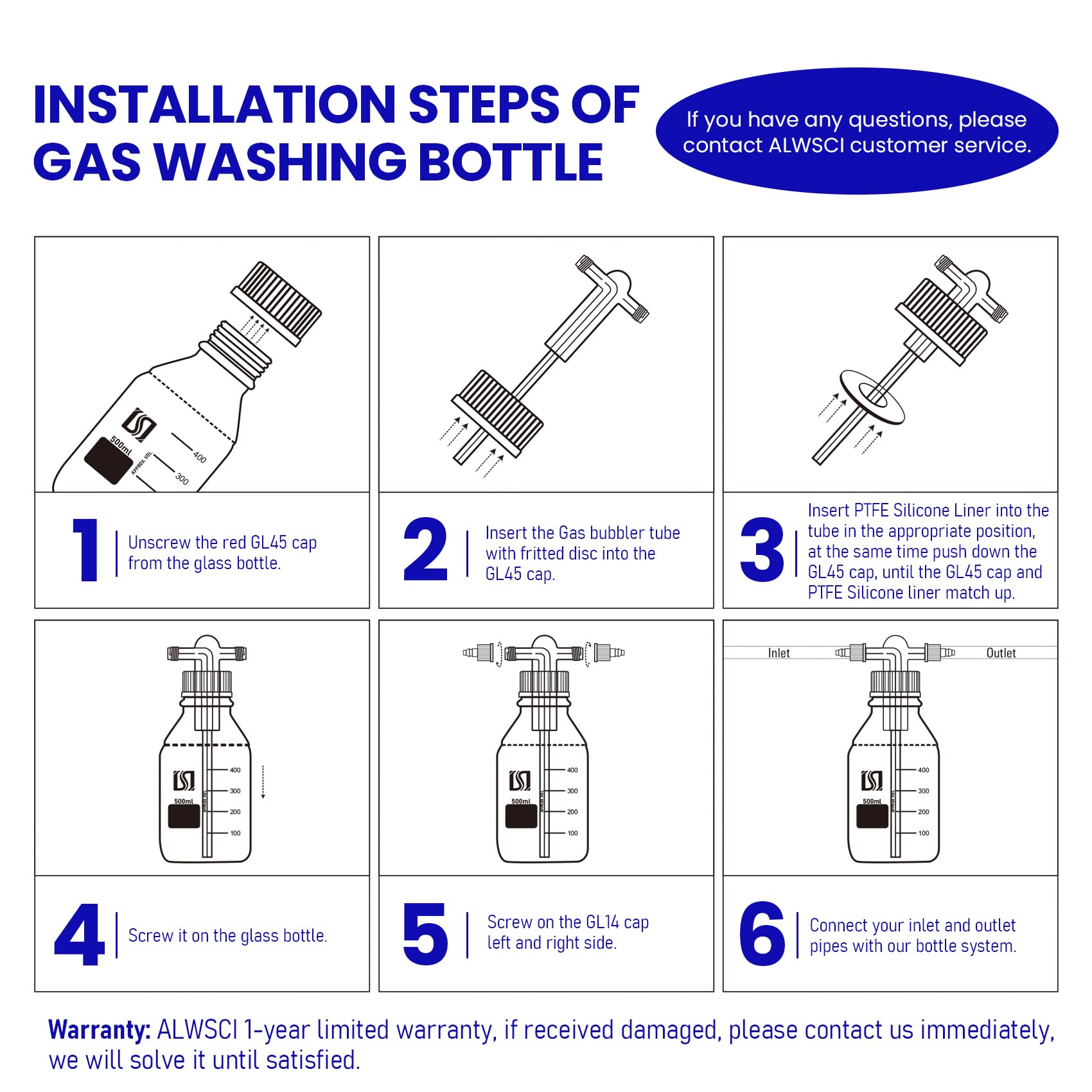 ALWSCI 250 mL Gaswaschflasche Gas Washing Bottle, Borosilikatglas-Laborgaswaschflasche mit GL45 Polypropylen rot Schraubverschluss-System, 1set